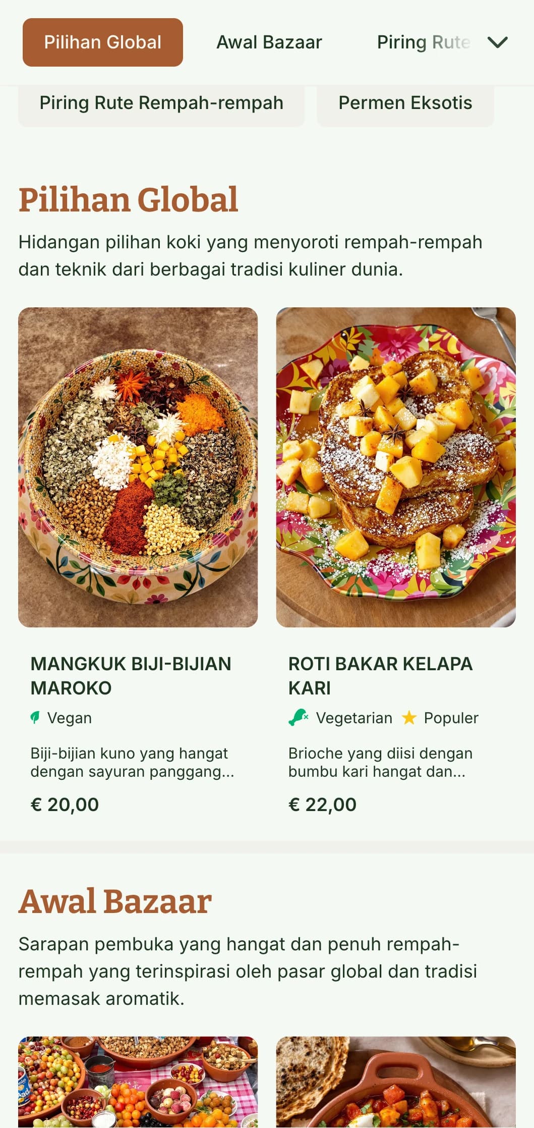 Templat brunch yang hangat dan terinspirasi dari rempah-rempah dengan warna yang kaya, cocok untuk kafe yang menampilkan cita rasa sarapan global dan hidangan berbumbu.