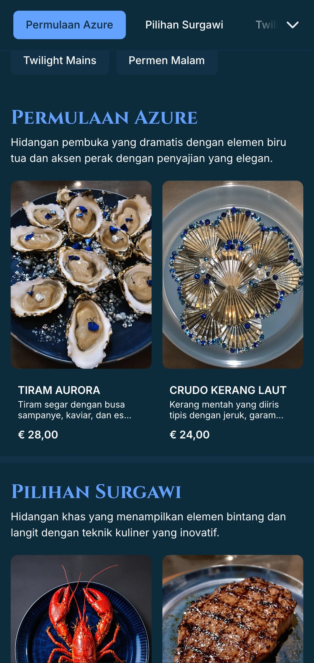 Menu makan malam berwarna biru tua yang dramatis dengan inspirasi senja dan aksen perak, dirancang untuk bersantap malam yang berkelas.