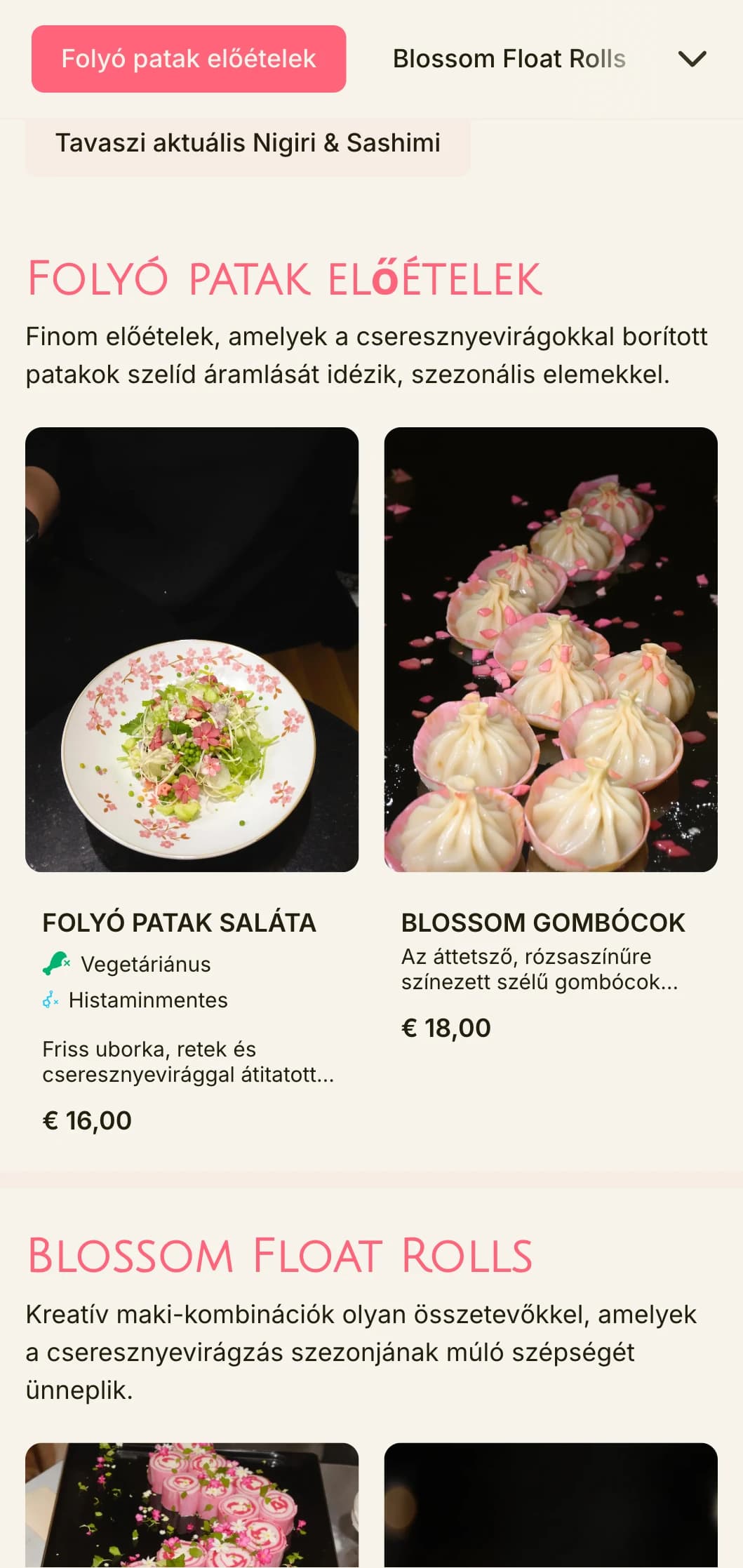 Virágzó cseresznyevirág ihlette sushi menü lágy rózsaszín akcentusokkal és természetes elemekkel.