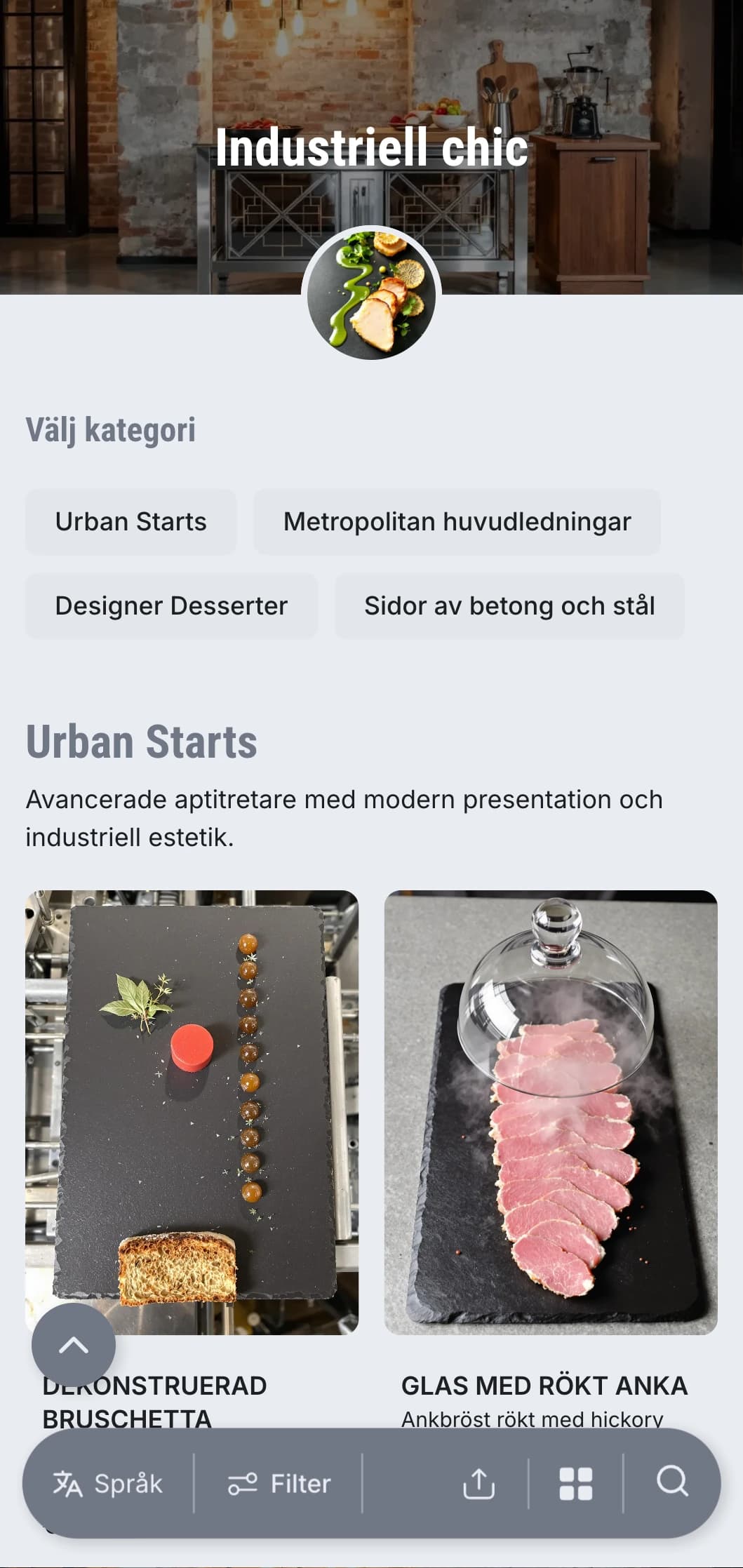 Rå, nervös cateringpresentation med modern urban estetik, metalliska element och betongtexturer för lagerhändelser och galleriöppningar.