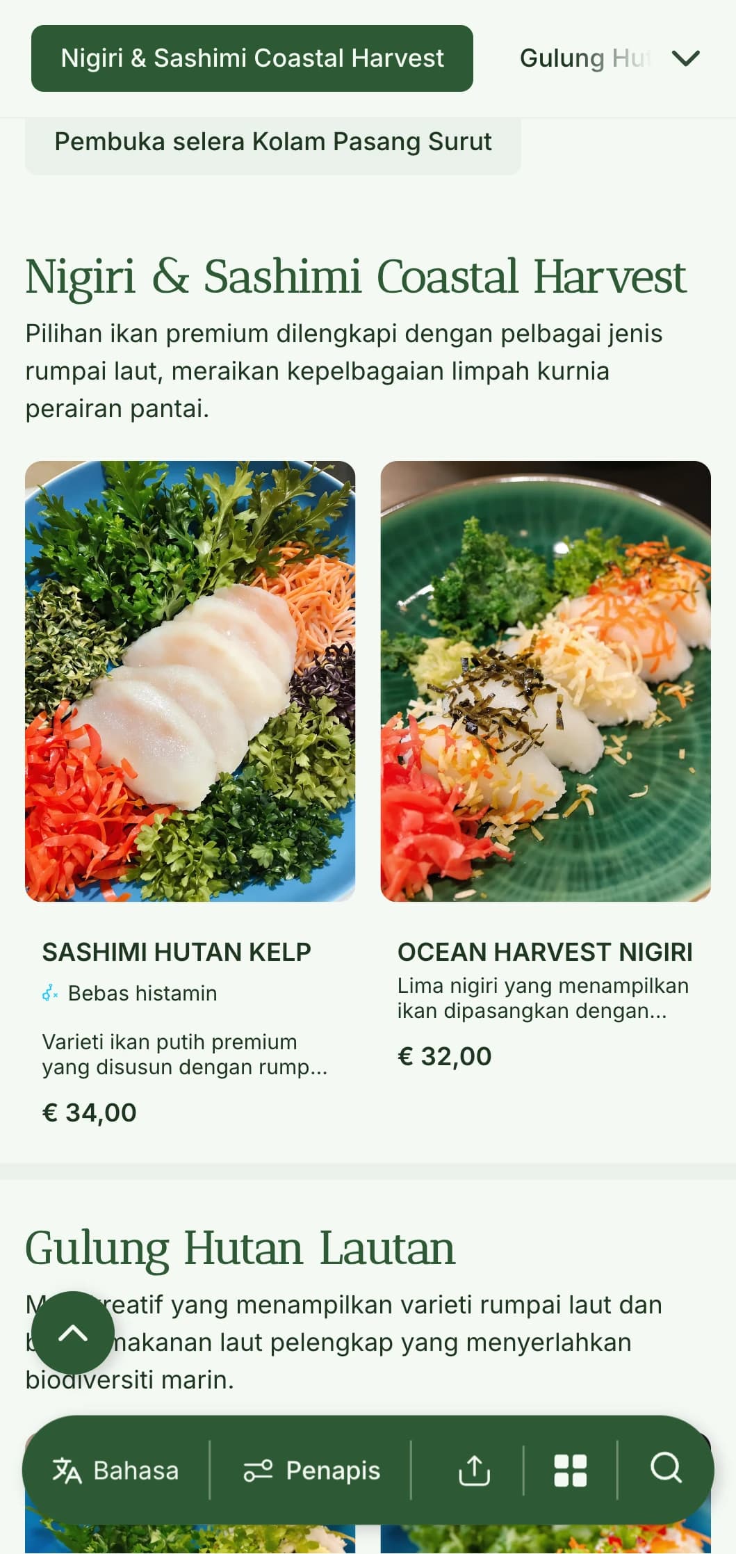 Menu sushi segar berinspirasikan laut yang menampilkan warna hijau rumpai laut dalam untuk restoran makanan laut asli.