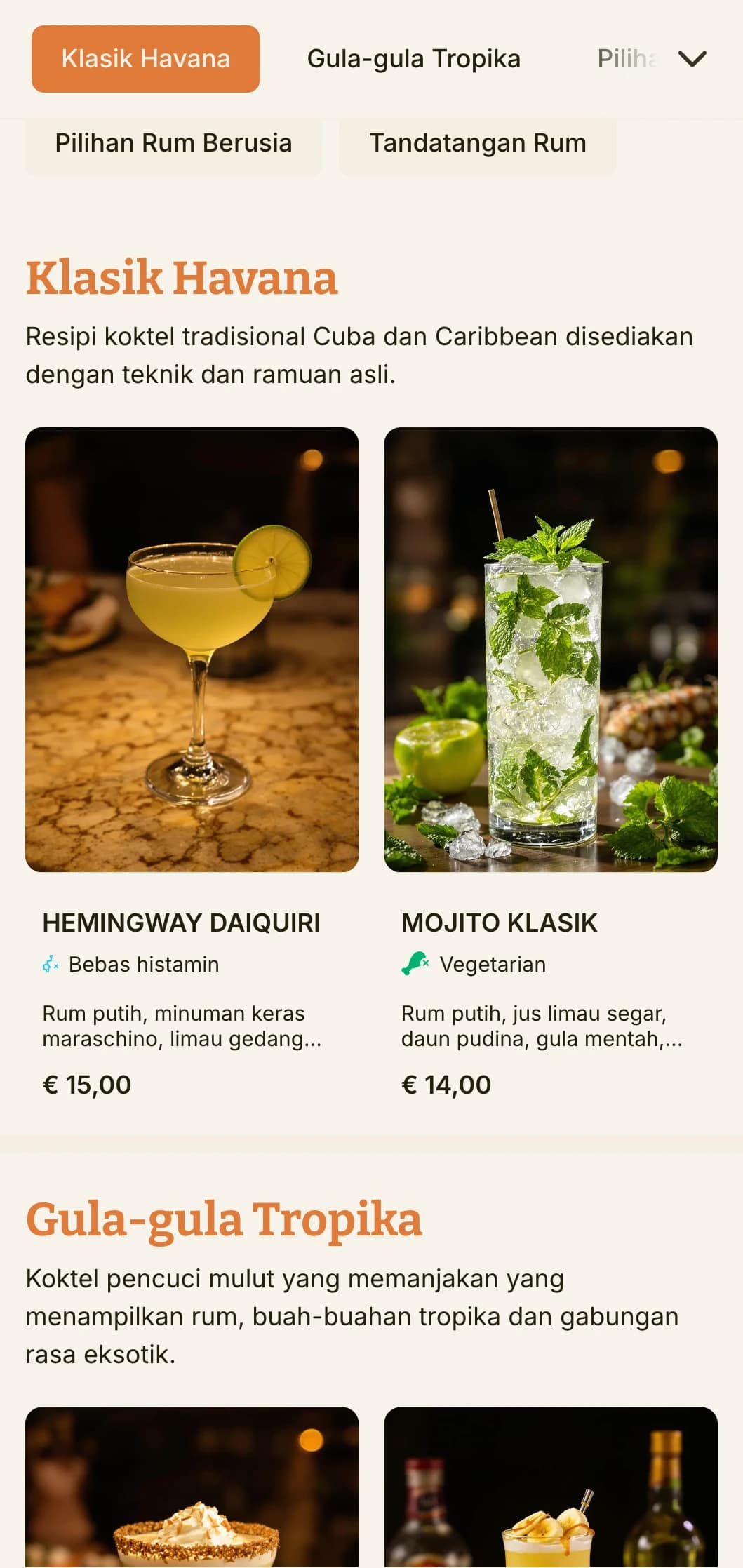 Reka bentuk menu tropika yang bertenaga yang diilhamkan oleh budaya koktel Cuba, sesuai untuk bar rum dan pertubuhan bertema Latin.