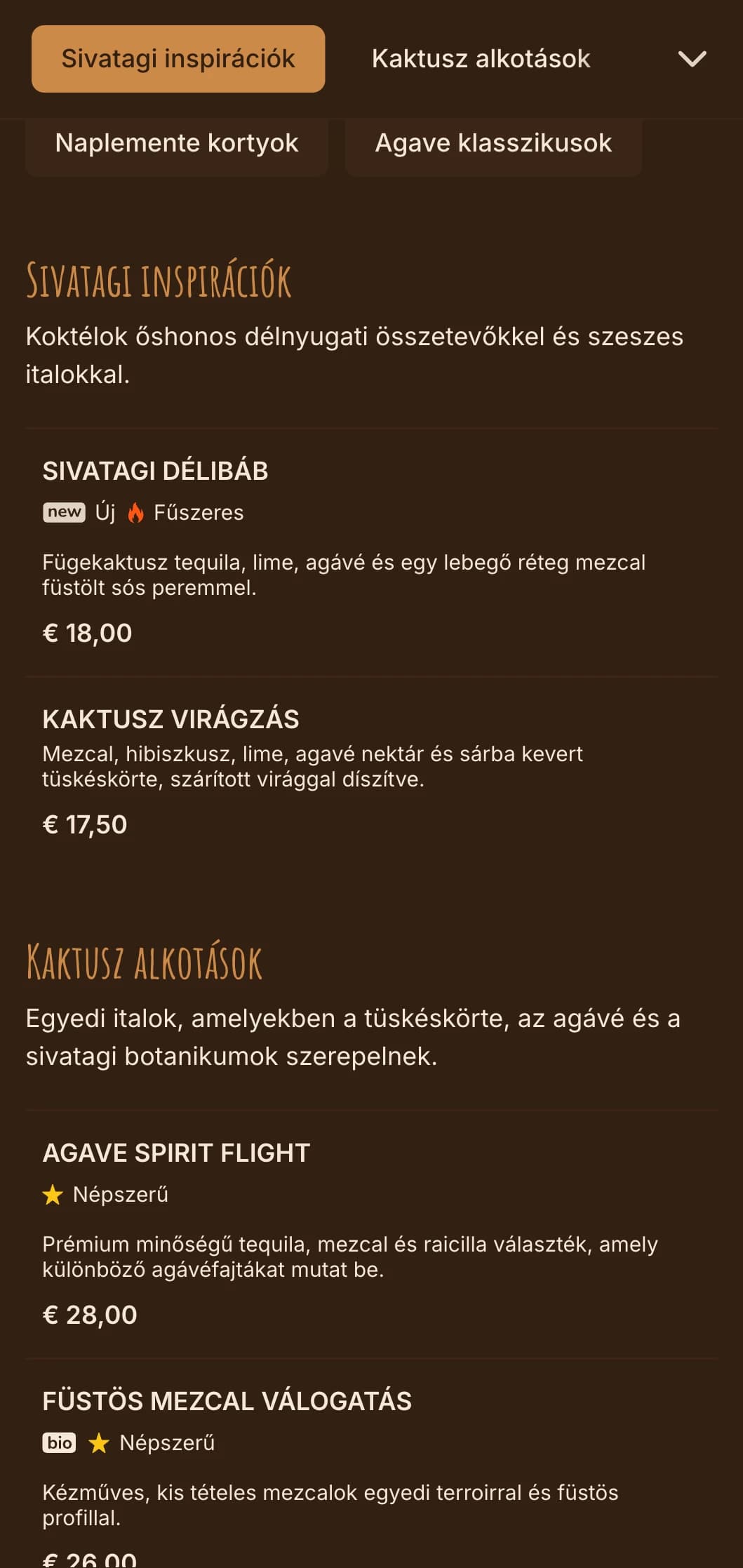 Meleg, sivatagi ihletésű paletta délnyugati motívumokkal tequila- és mezcalbárok számára.