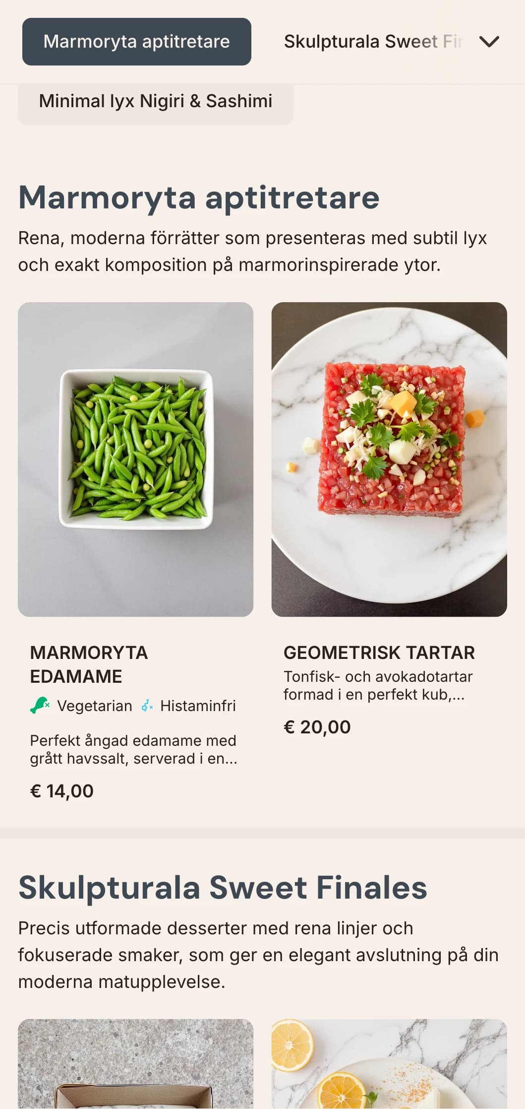 Lyxig, modern sushimeny med subtila marmorstrukturer och ren, minimalistisk design.