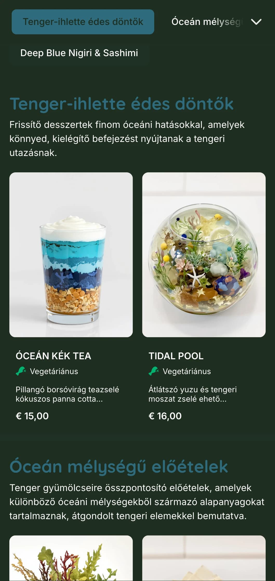 Nyugodt, mélykék sushi menü, amelyet az óceán mélységei ihlettek, tengeri elemekkel és friss tenger gyümölcseivel.