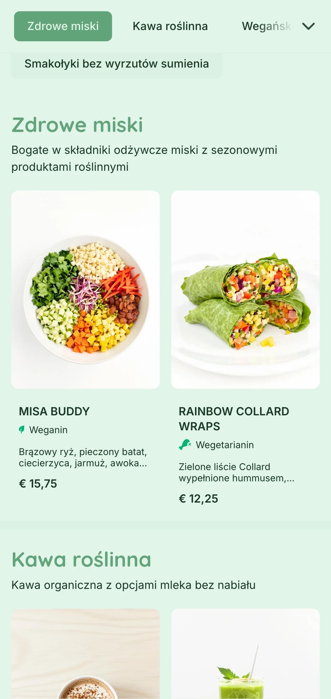 Świeży, zielony design podkreślający ofertę roślinną dla wegańskich kawiarni i punktów ze zdrową żywnością.