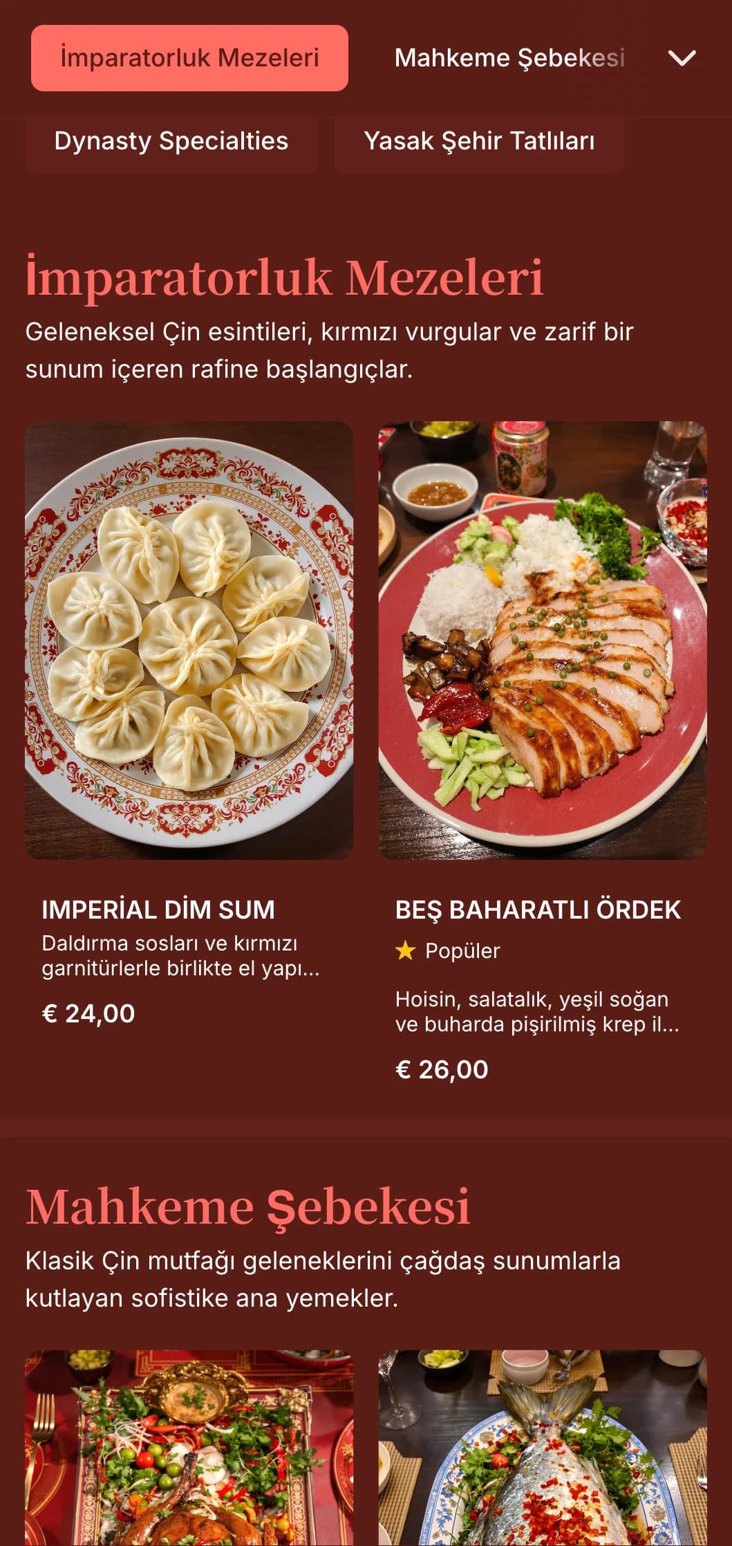 Lüks Çin restoranları için mükemmel, zengin kırmızı tonları ve geleneksel doğu unsurları içeren Çin esintili zarif bir akşam yemeği menüsü.