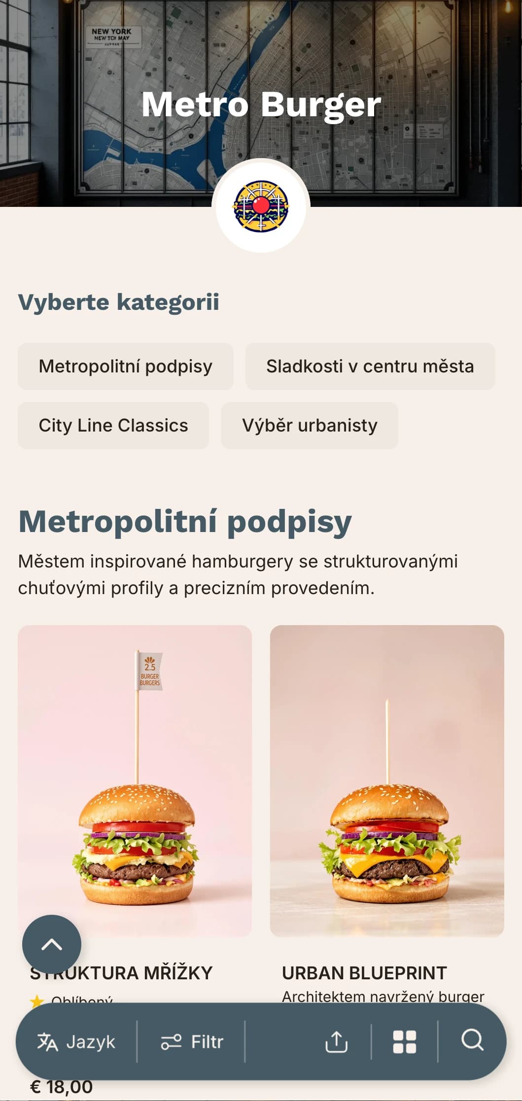 Městská hamburgerová restaurace s motivem metra s čistými liniemi a metropolitní inspirací.