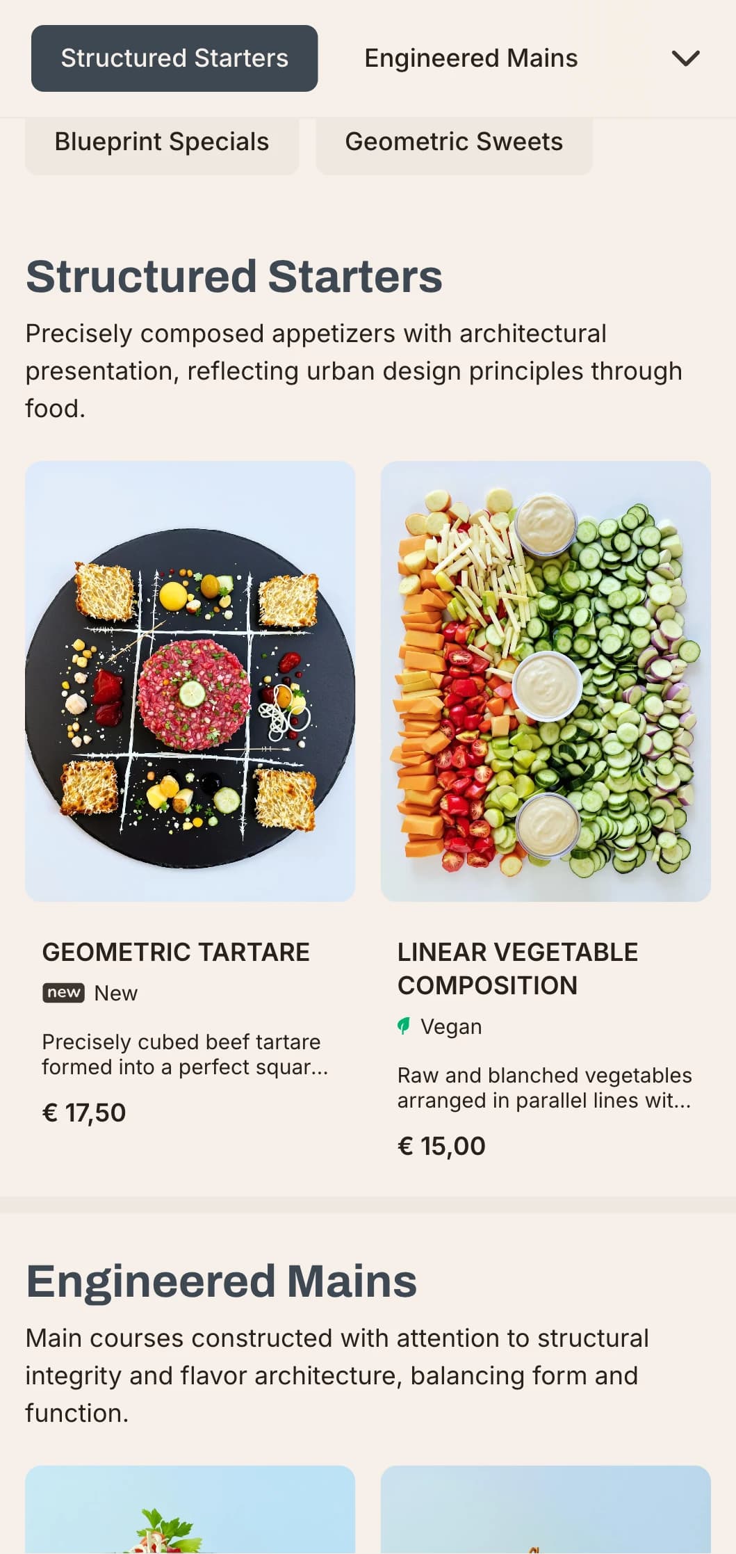 Bold, architectural lunch menu design with strong lines and urban elements, ideal for contemporary restaurants in business districts and modern developments.