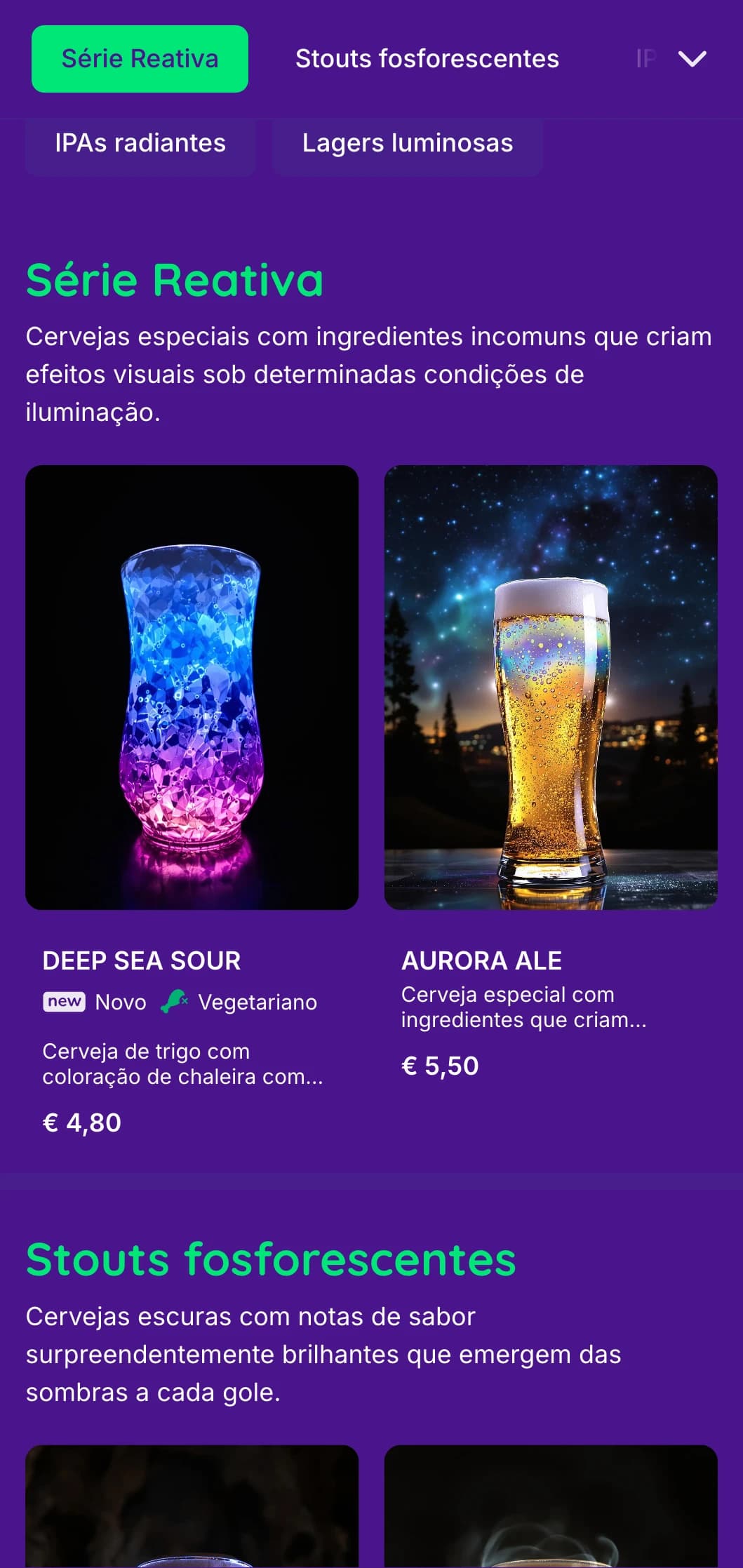 Design etéreo e mágico com elementos brilhantes e fundos profundos, perfeito para experiências exclusivas com cervejas especiais.