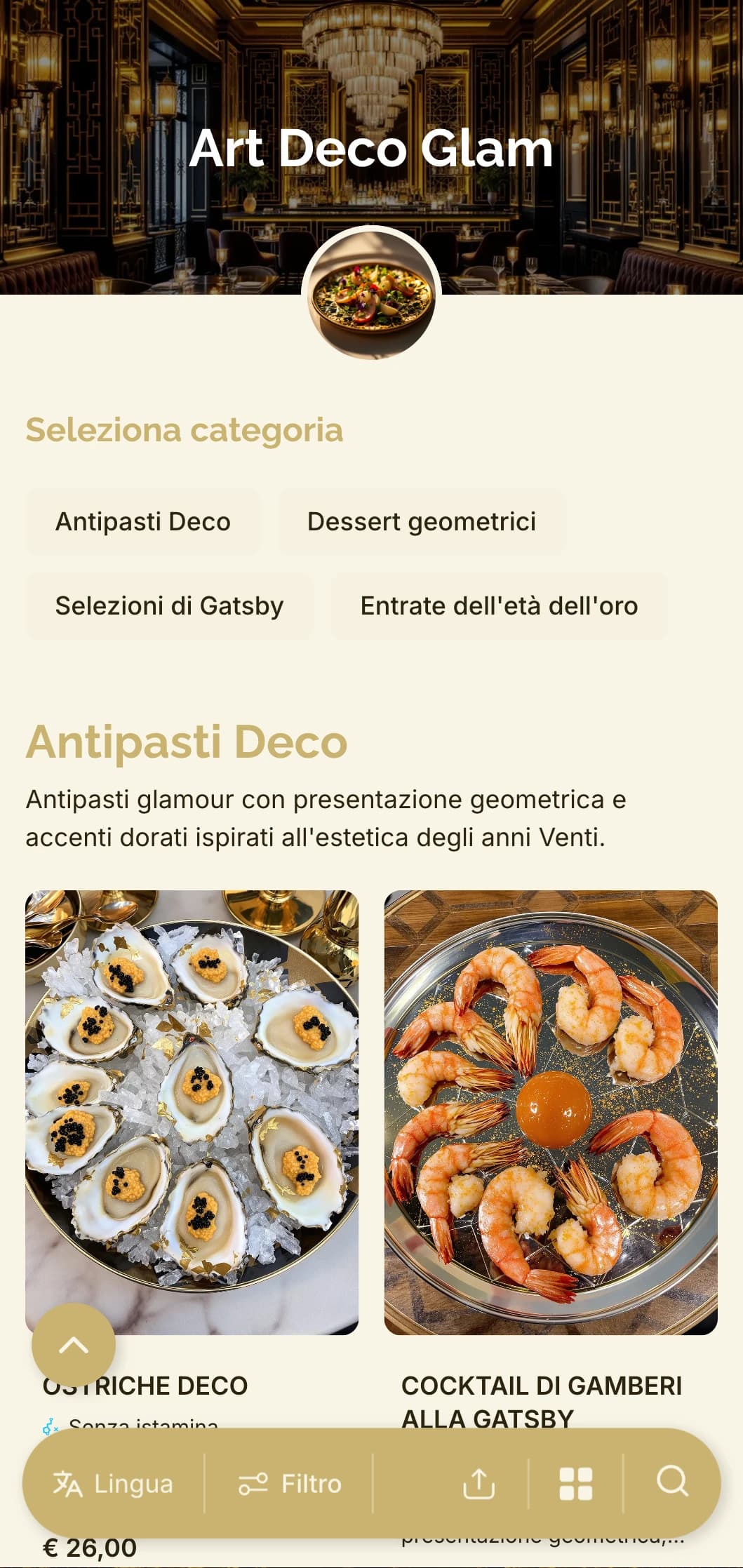 Design di ispirazione glamour anni '20 con motivi geometrici e accenti dorati per un'esperienza culinaria contemporanea e senza tempo.
