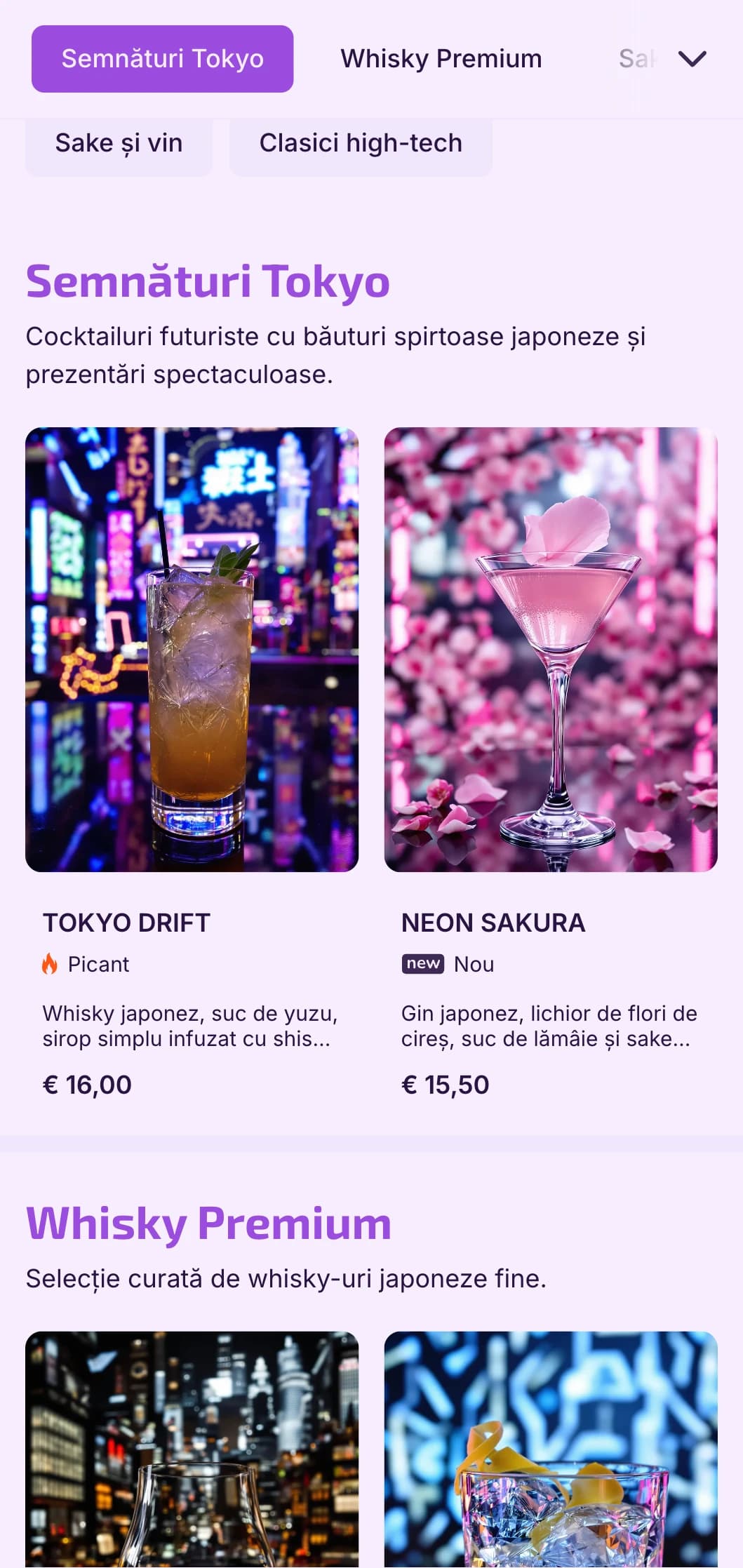 Design violet închis și negru cu elemente tehnologice pentru baruri futuriste de inspirație japoneză.