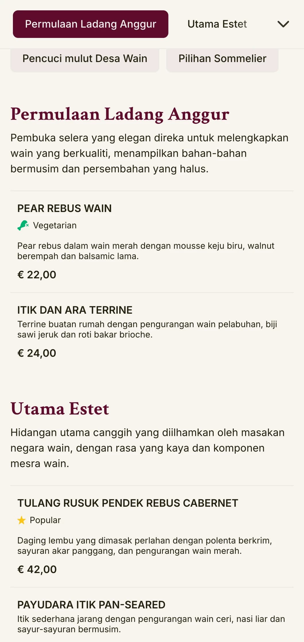 Menu makan malam yang canggih dengan warna yang diilhamkan oleh wain dan tipografi yang elegan, direka untuk pertubuhan dengan program wain yang meluas.