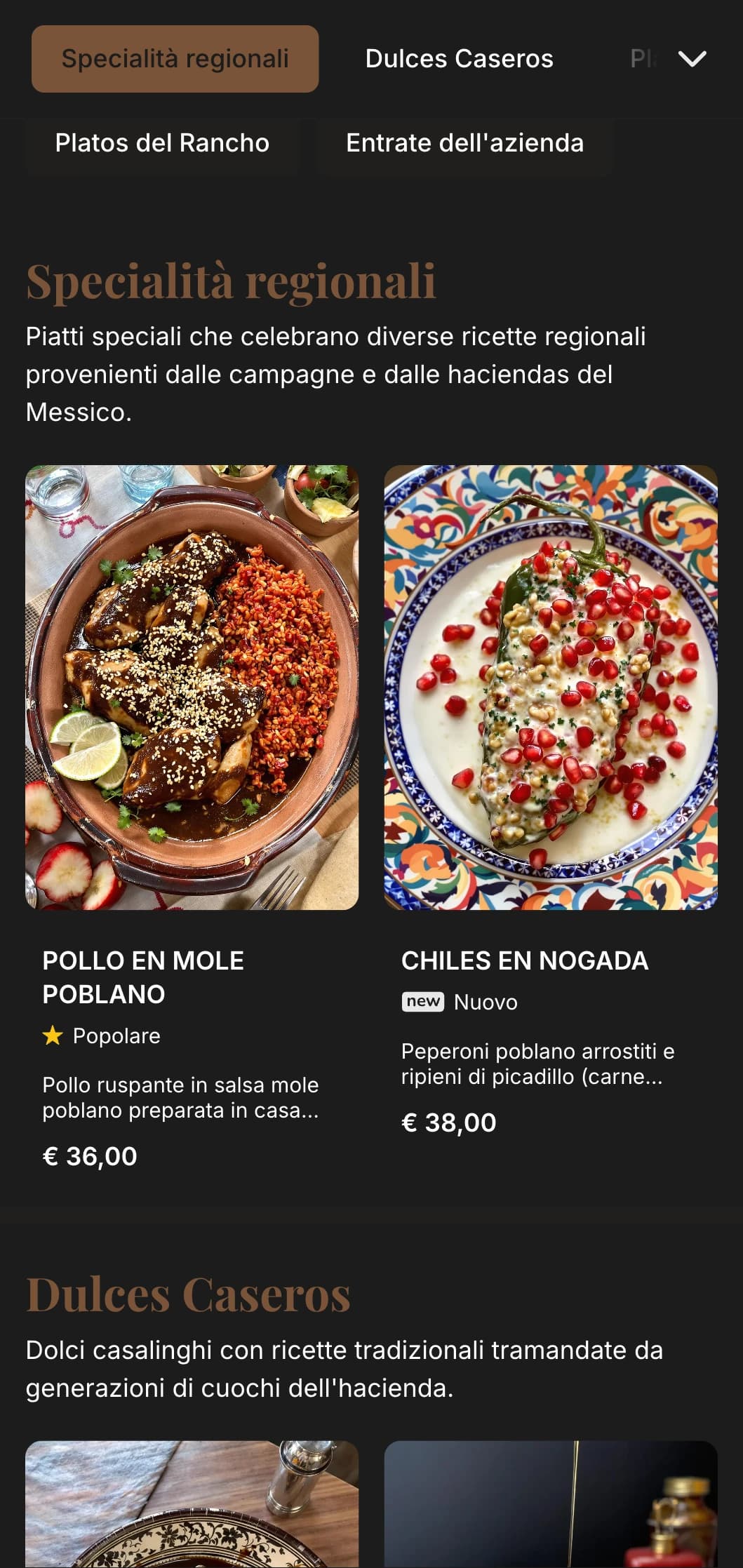 Menu rustico e caldo in stile hacienda messicana, con ricche trame di legno, ricette tradizionali e piatti sostanziosi in un elegante ambiente da ranch.