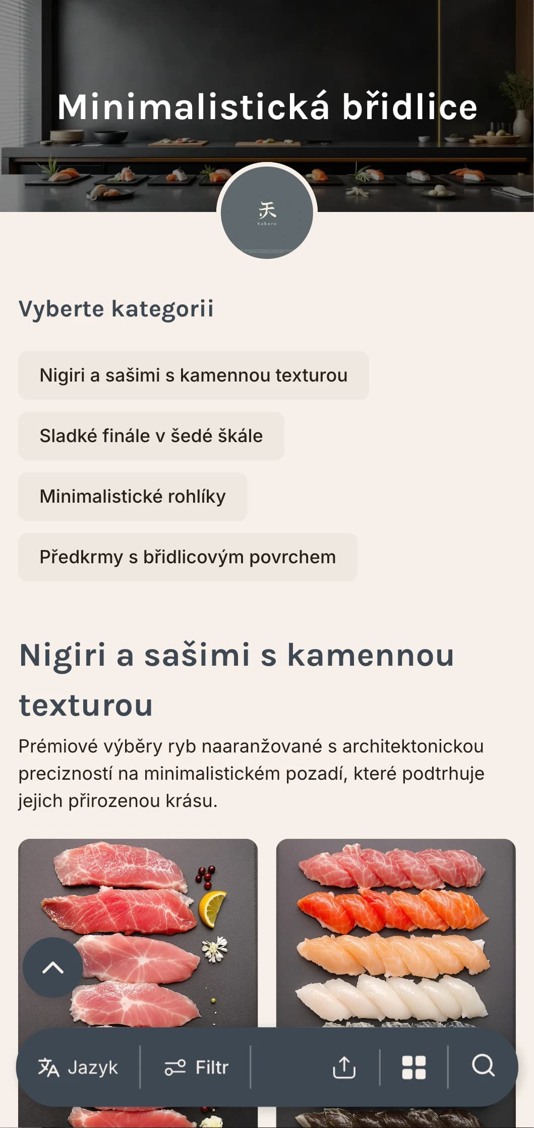 Čisté moderní menu sushi v břidlicově šedých tónech a minimalistickém designu pro luxusní restaurace.