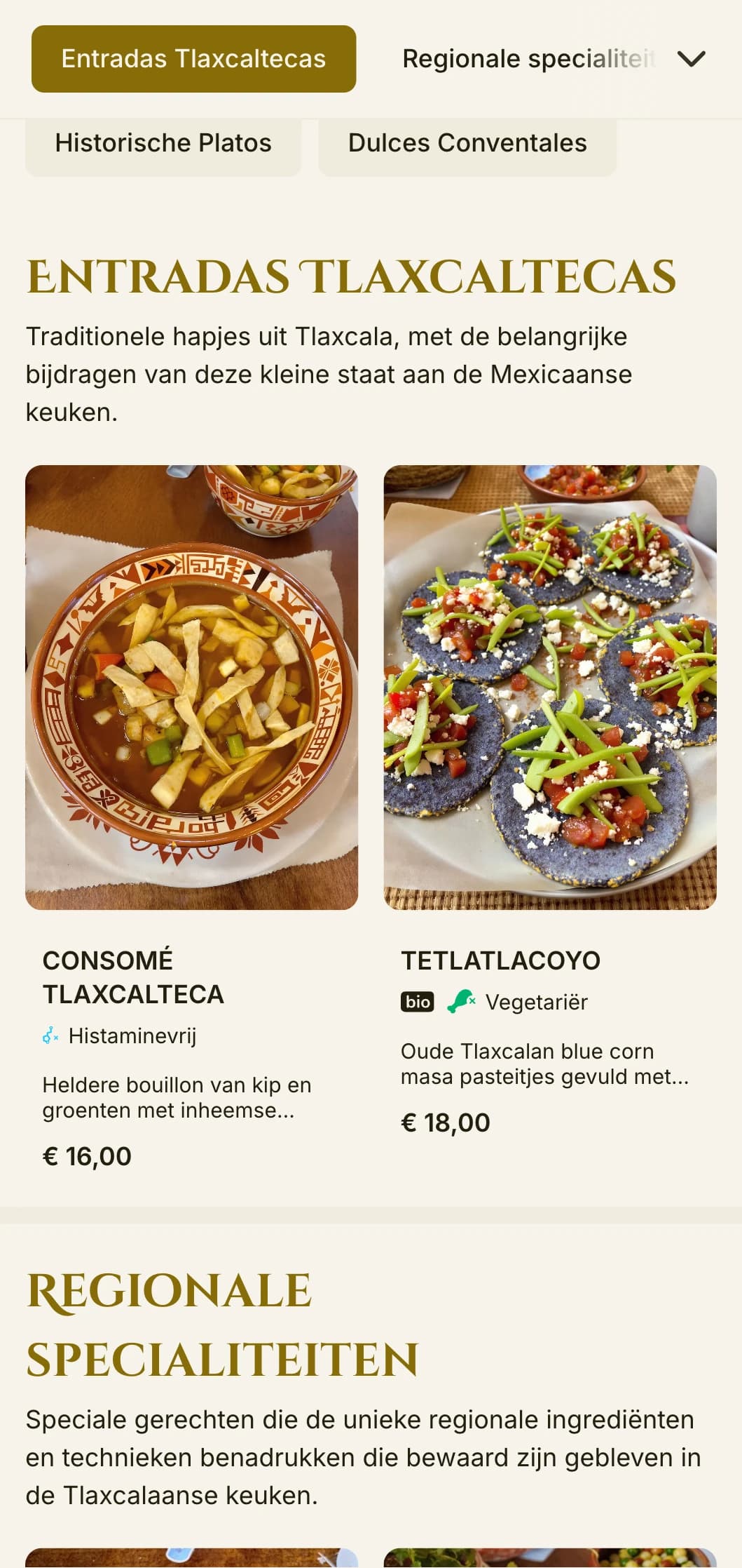 Elegant en historisch menu dat de culinaire tradities van Tlaxcala viert, met gouden accenten, pre-Spaanse invloeden en regionale specialiteiten.