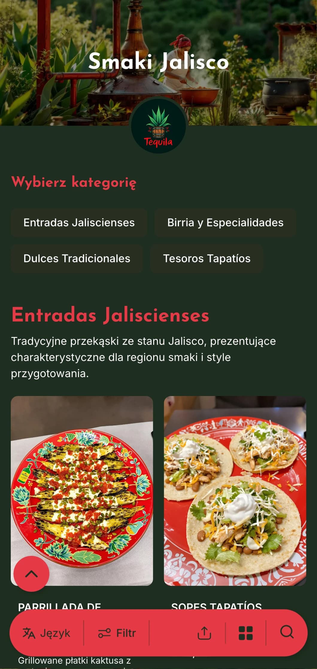 Żywe i aromatyczne menu ze specjałami Jalisco, w tym tequilą, birrią i tradycyjnymi daniami inspirowanymi mariachi.