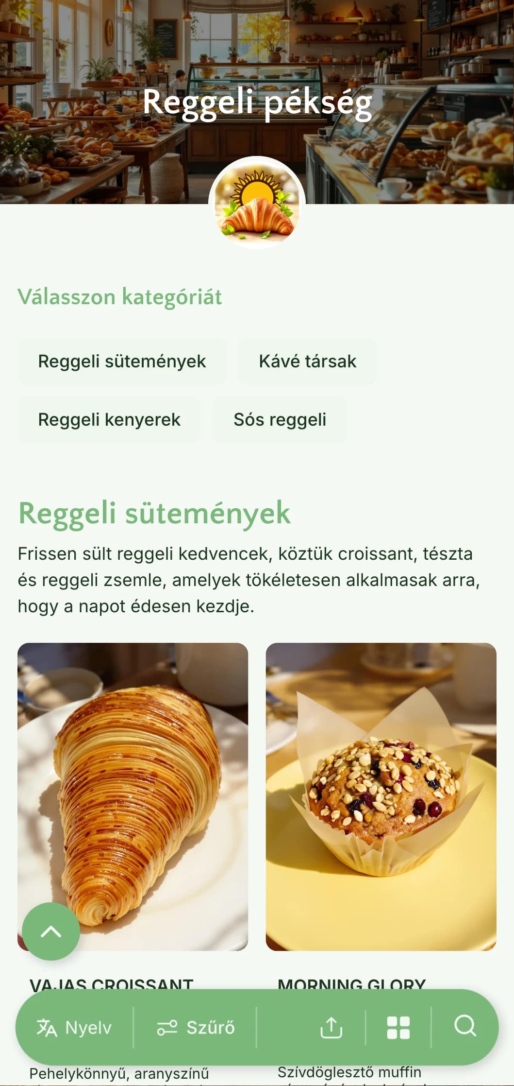 Világos, reggeli ihletésű pékségi menüterv friss zöld tónusokkal és letisztult tipográfiával, amely tökéletes a reggelire összpontosító pékségek és reggeli kávézók számára.