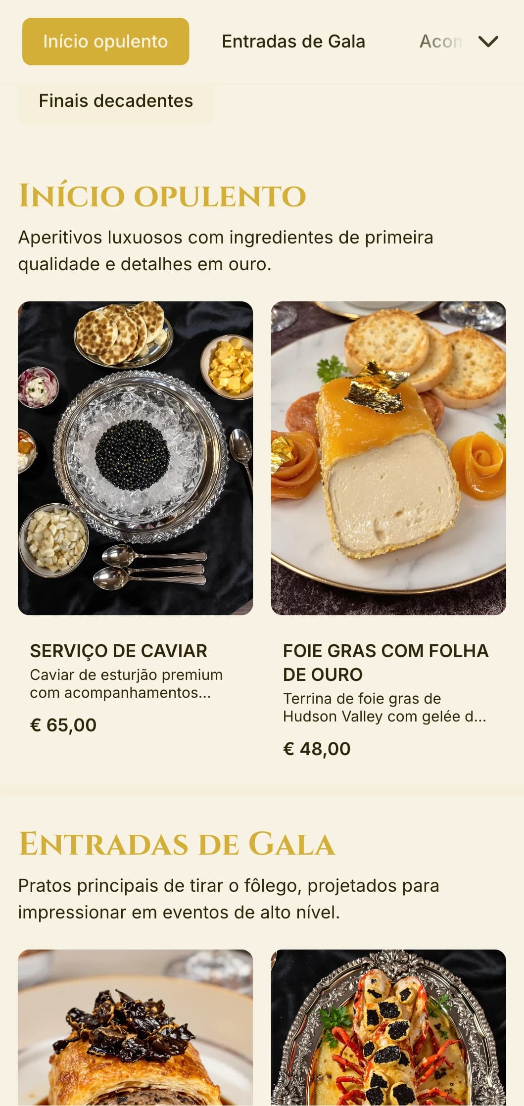 Serviço de bufê opulento com ingredientes premium, detalhes em ouro e apresentação extravagante para galas e eventos de luxo de alto nível.