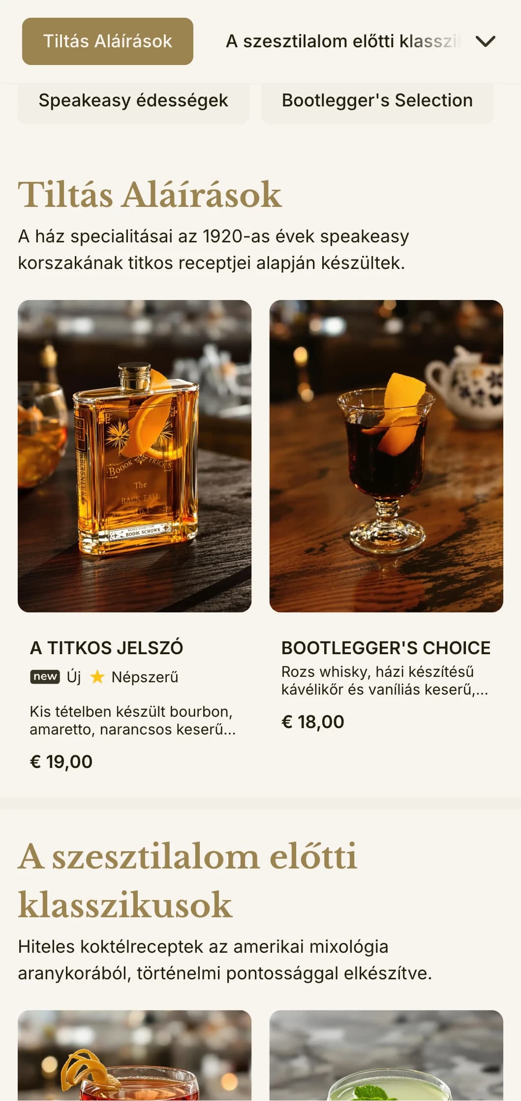 A szesztilalom kora ihlette design a speakeasy témájú bárok számára, vintage tipográfiával és finom arany hangsúlyokkal.