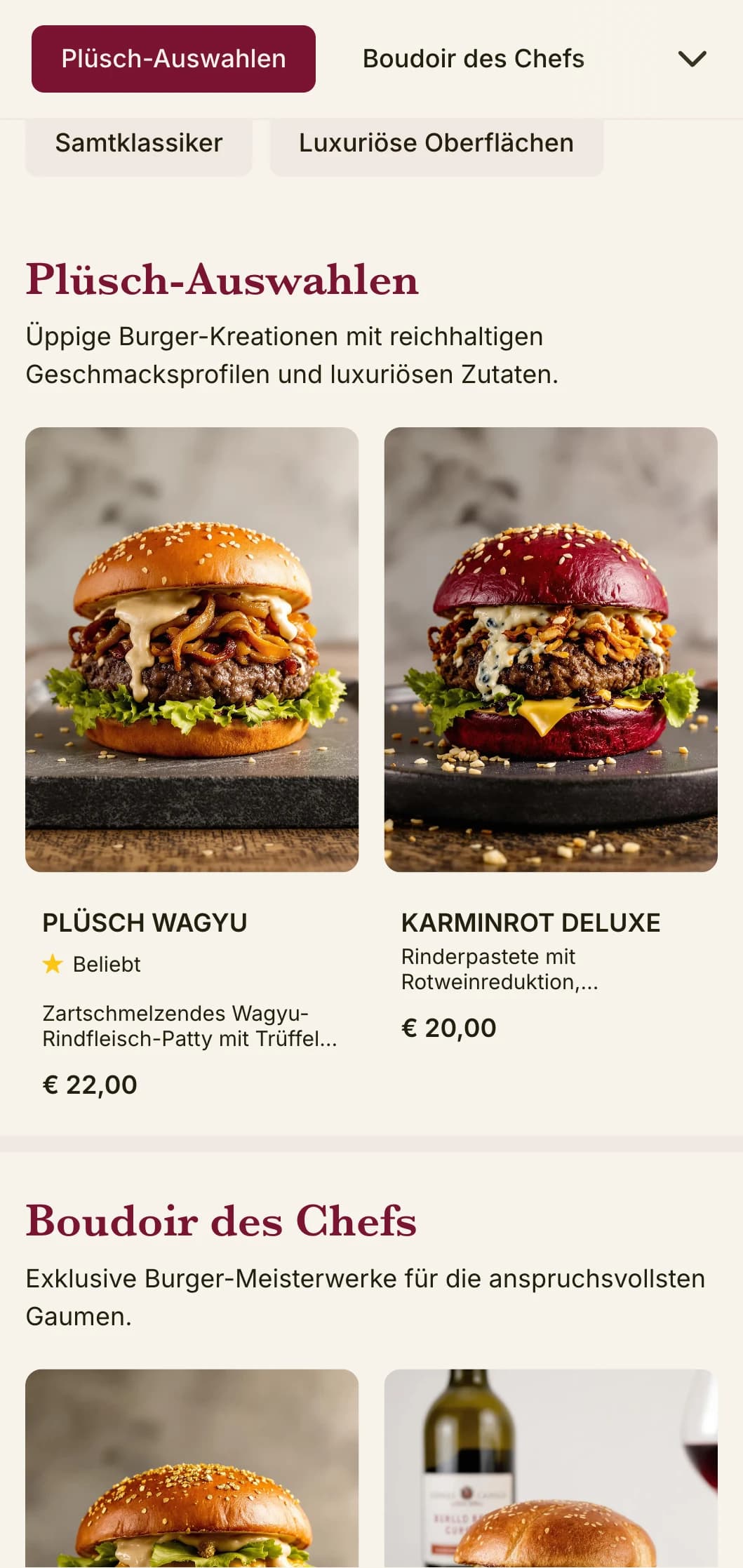 Plüschige Luxus-Burger-Lounge mit reichen Texturen und opulenter Präsentation.