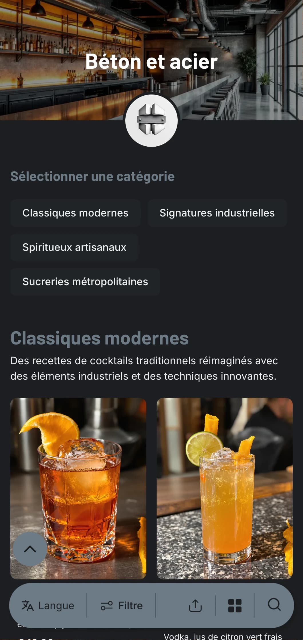 Un design industriel et urbain pour des bars contemporains, avec des textures en béton et des éléments en acier, et une typographie épurée.