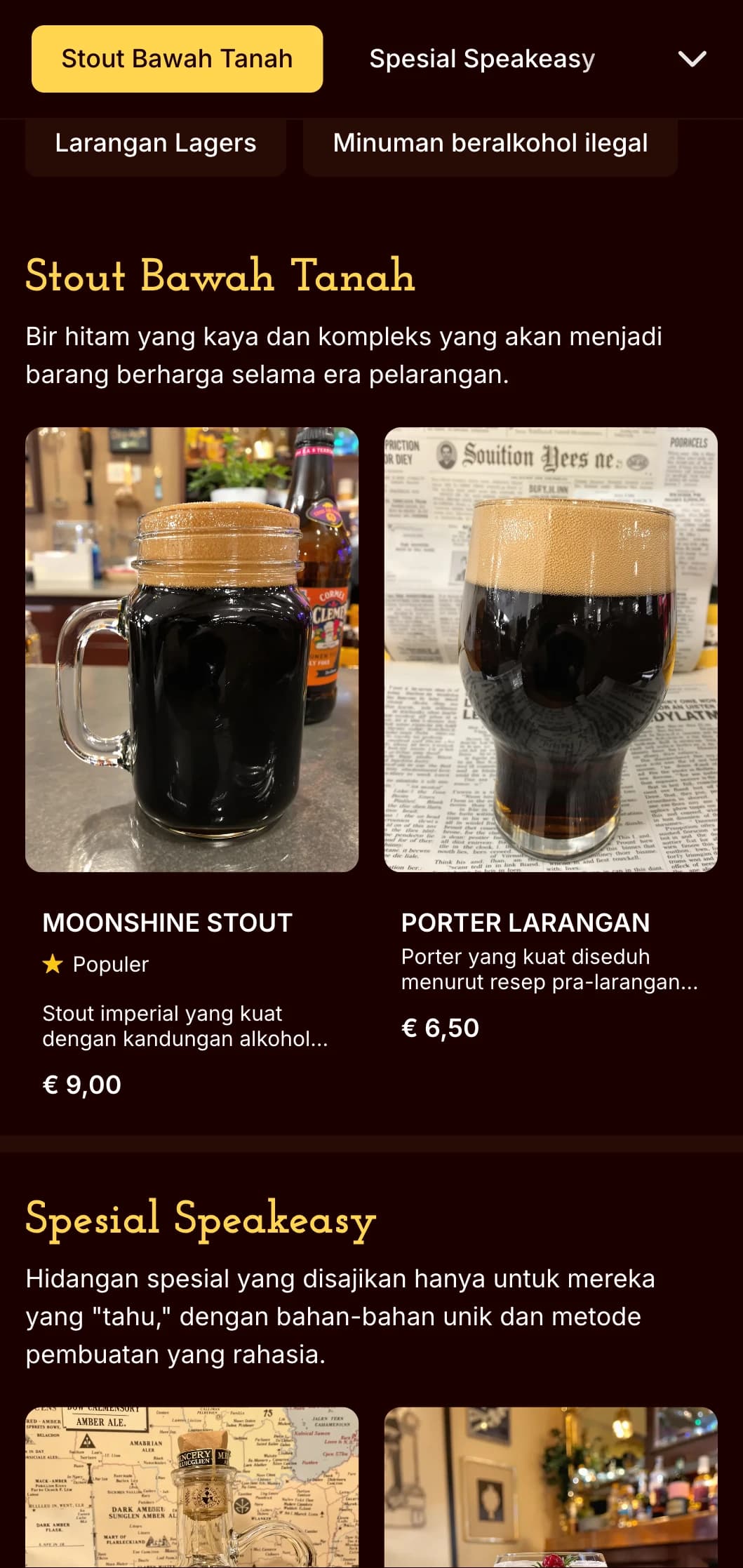 Desain klandestin dan vintage era larangan dengan nuansa gelap dan estetika rahasia, ideal untuk bar bir bertema speakeasy.