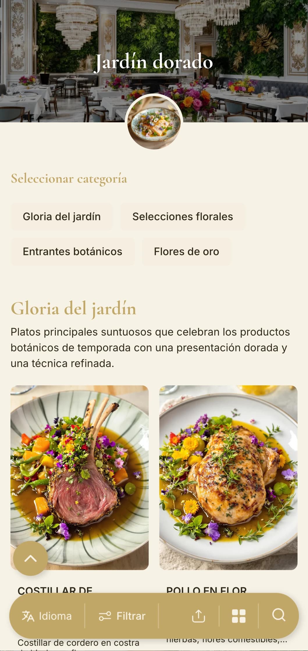 Opulento concepto botánico que combina exuberante vegetación con toques dorados y refinados elementos inspirados en los jardines.