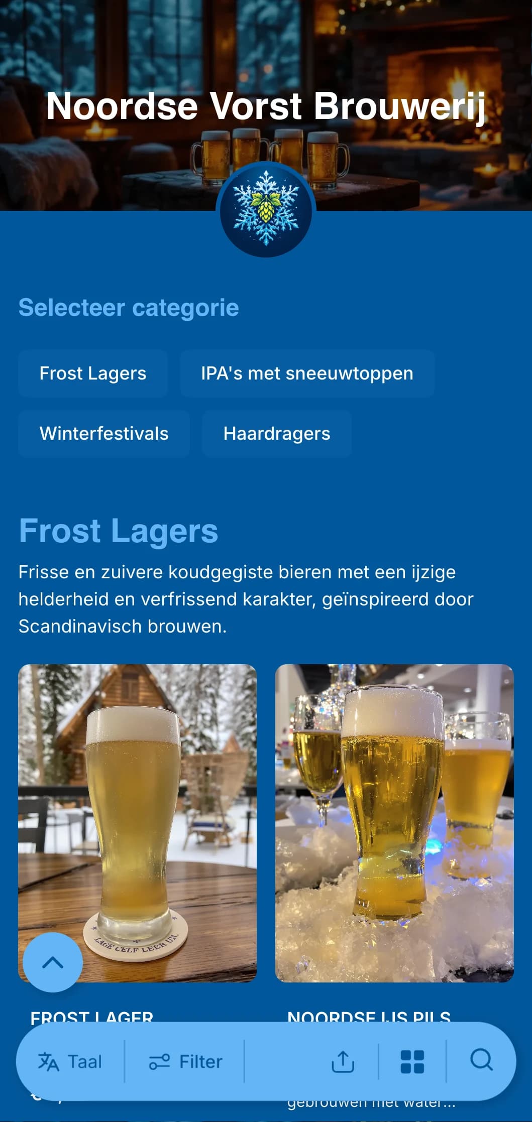 Koel en fris winters ontwerp met ijsblauwe tinten en sneeuwvlokaccenten, ideaal voor seizoensgebonden winterbiermenu's.