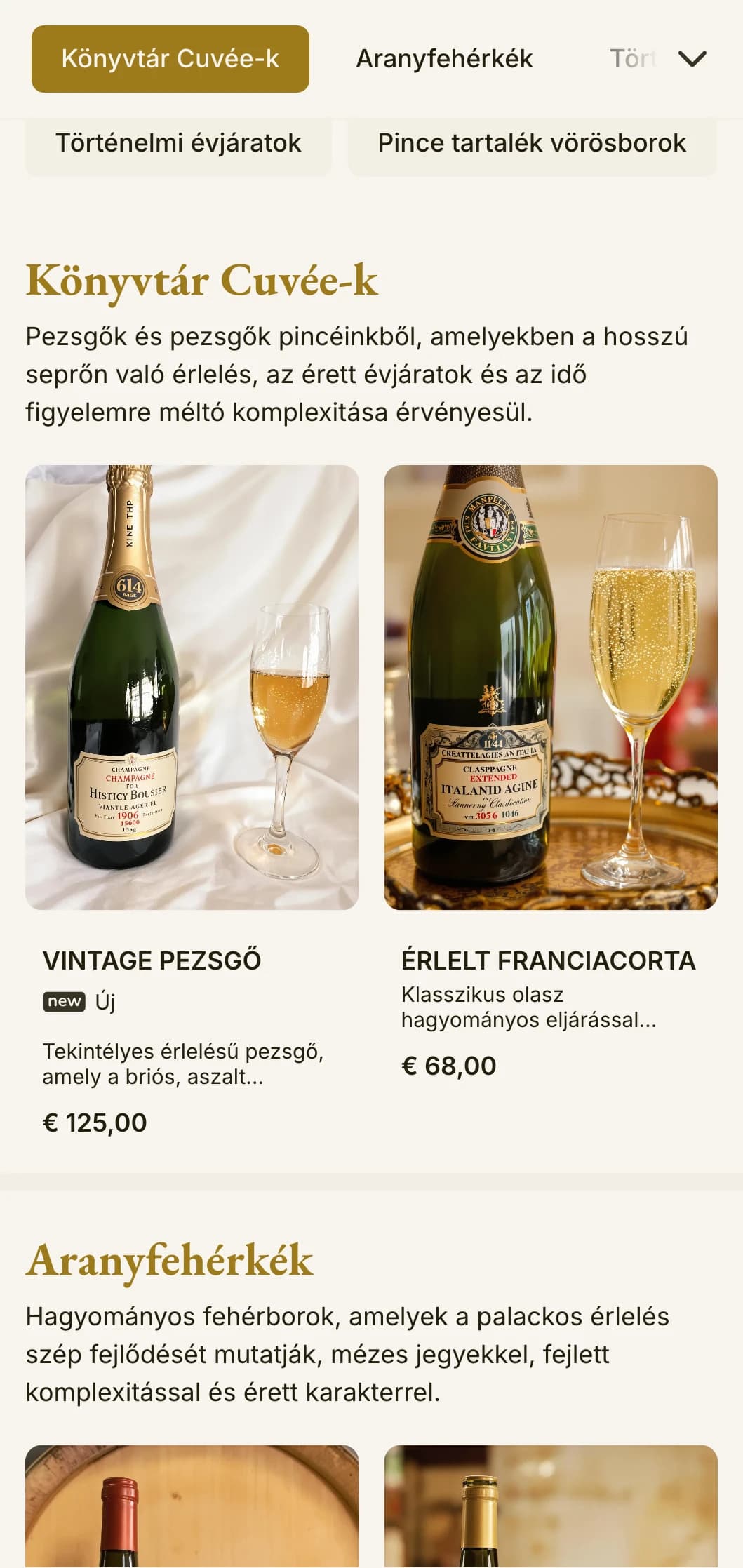 Meleg, hagyományos borlap sablon borostyánszínű hangsúlyokkal és örökségi elemekkel, tökéletes a bevált borászatok és a klasszikus fine dining élmények számára.