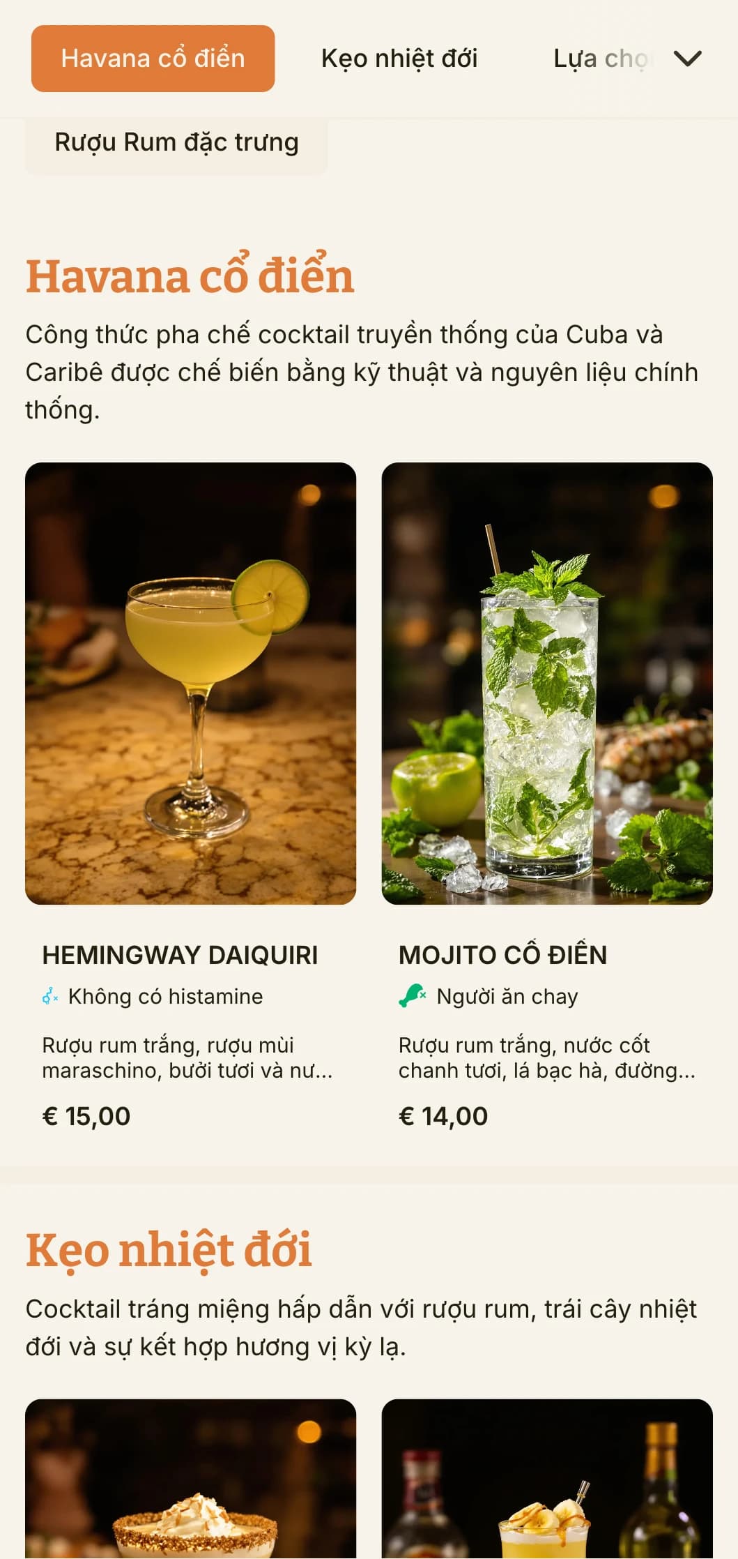 Thiết kế thực đơn nhiệt đới sống động lấy cảm hứng từ văn hóa cocktail của Cuba, hoàn hảo cho các quán rượu rum và các cơ sở theo chủ đề La tinh.