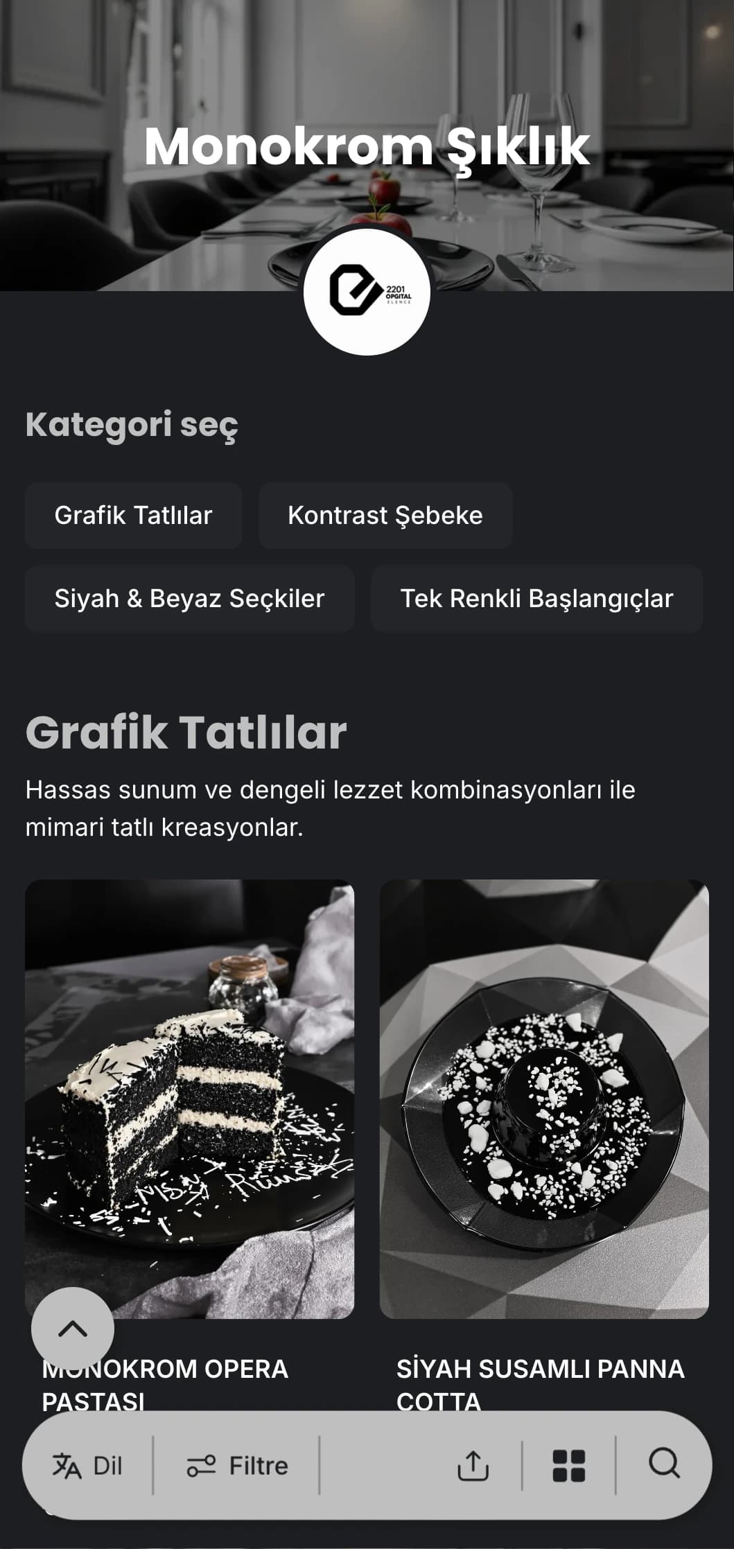 Çağdaş kaliteli yemekler için tasarlanmış, cesur tipografi ve temiz çizgilere sahip sofistike bir siyah beyaz akşam yemeği menüsü.