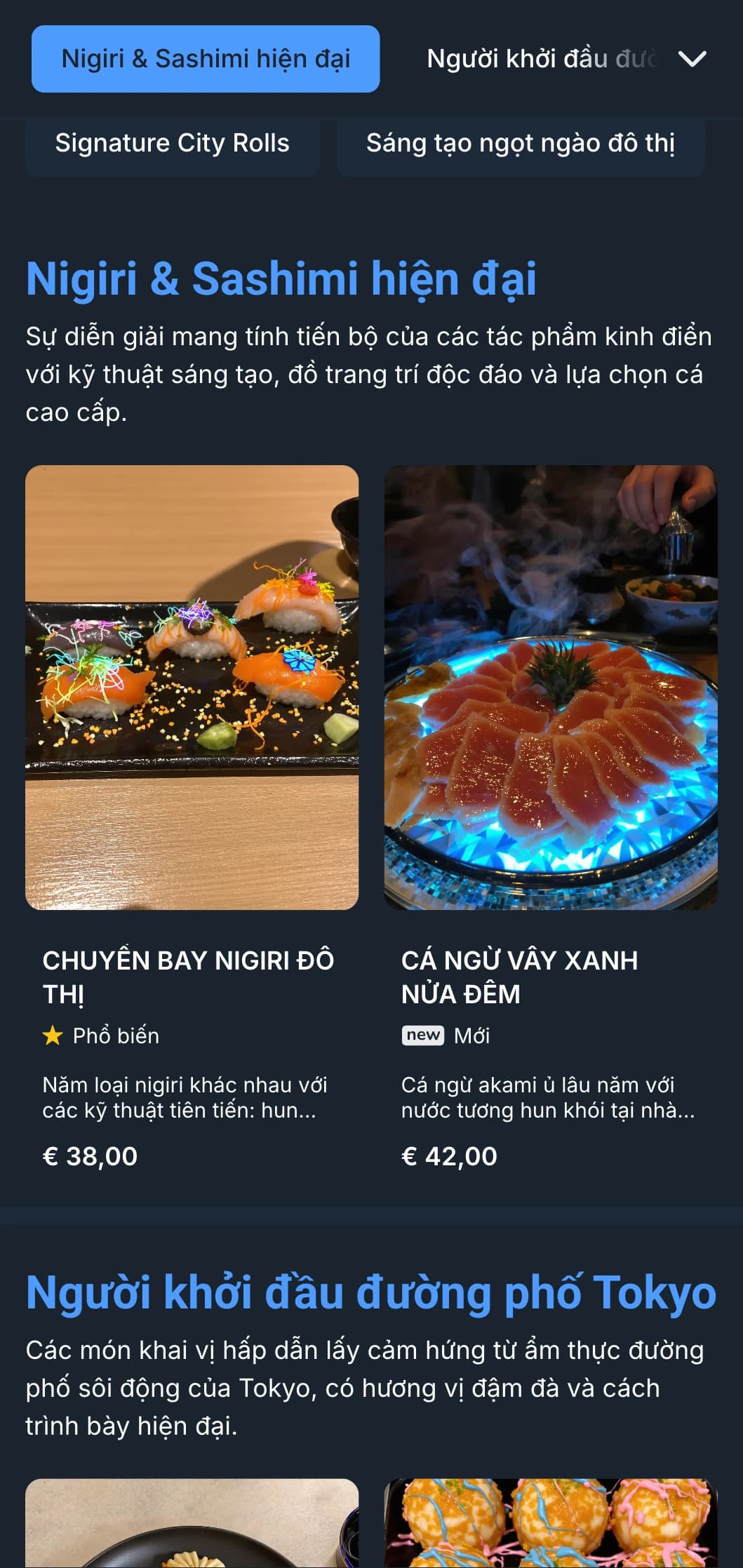 Thực đơn sushi hiện đại, đậm chất nghệ thuật với phong cách thiết kế lấy cảm hứng từ màn đêm, nổi bật với điểm nhấn màu xanh lam rực rỡ trên nền than sẫm.
