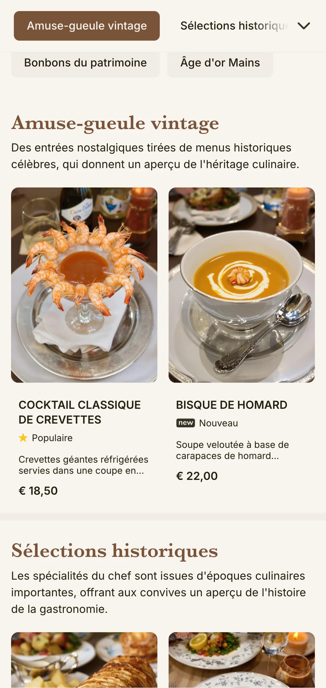 Conception d'un menu de déjeuner nostalgique, inspiré de l'âge d'or, avec des références historiques et des détails raffinés, adapté aux restaurants historiques aux riches traditions.