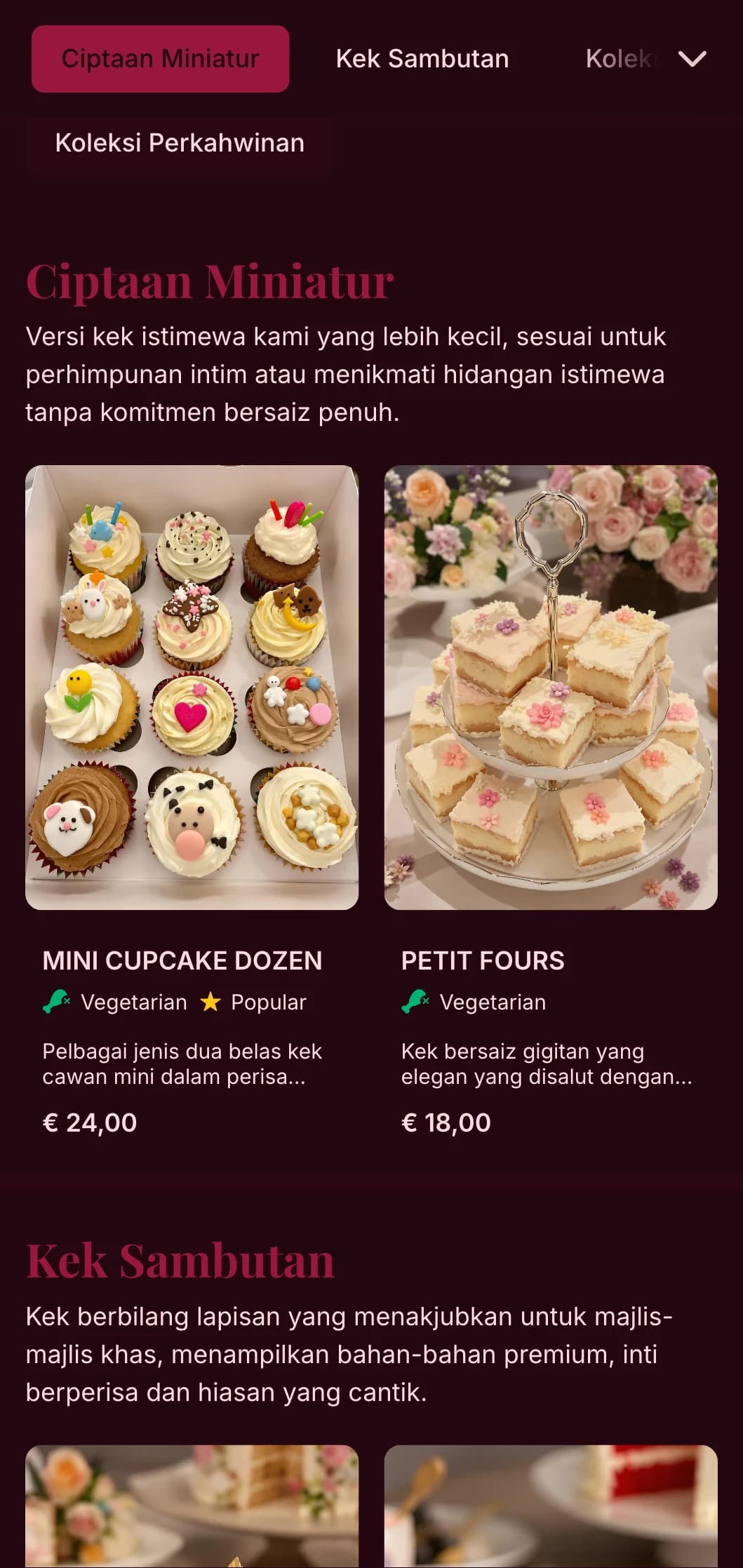 Reka bentuk menu bakeri feminin yang mewah dengan rona merah jambu yang kaya dan tipografi yang elegan, sesuai untuk kedai kek kelas atas dan pakar kek perkahwinan.