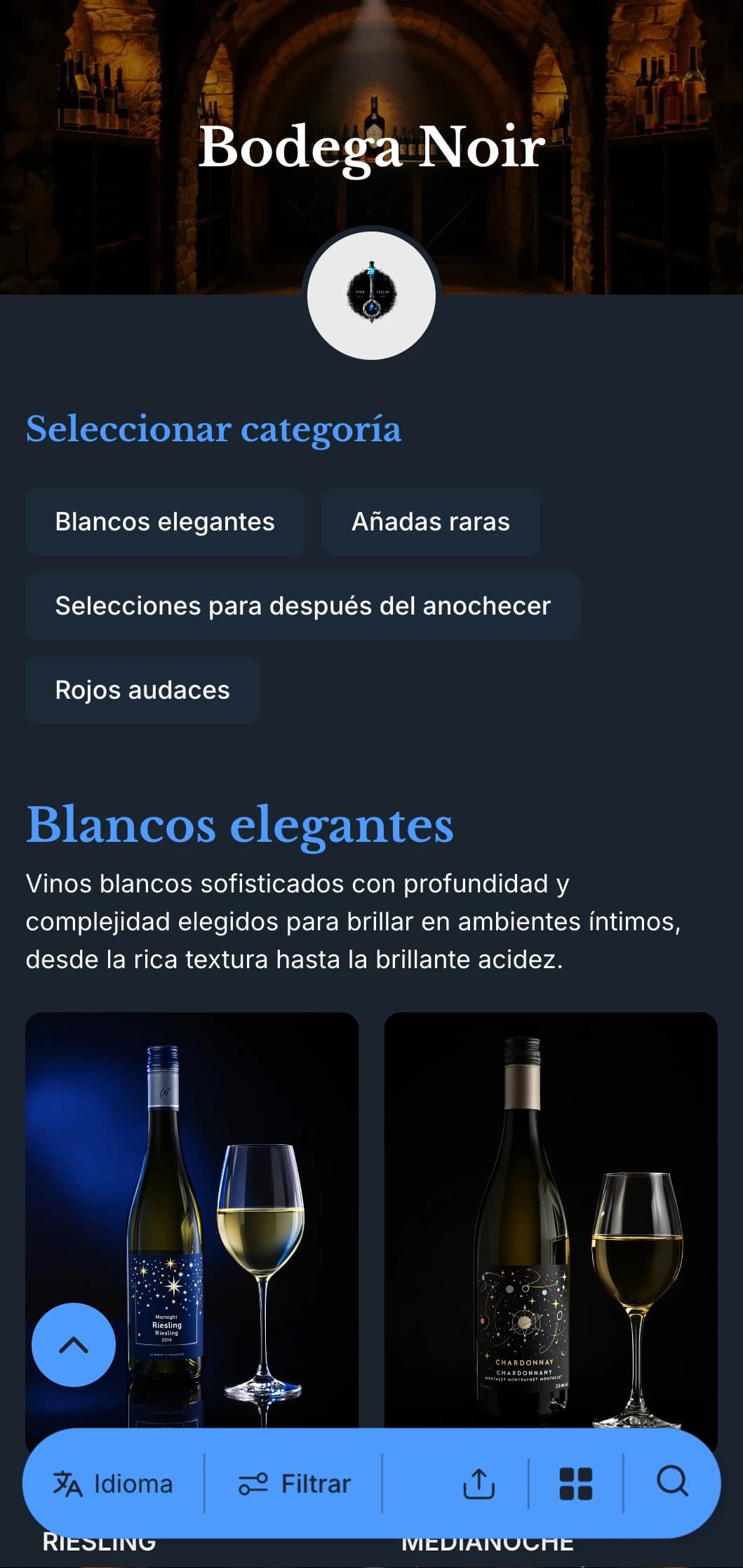 Sofisticada plantilla de carta de vinos de temática oscura con llamativos acentos azules sobre fondos azul marino, ideal para salones de vinos íntimos y locales nocturnos.
