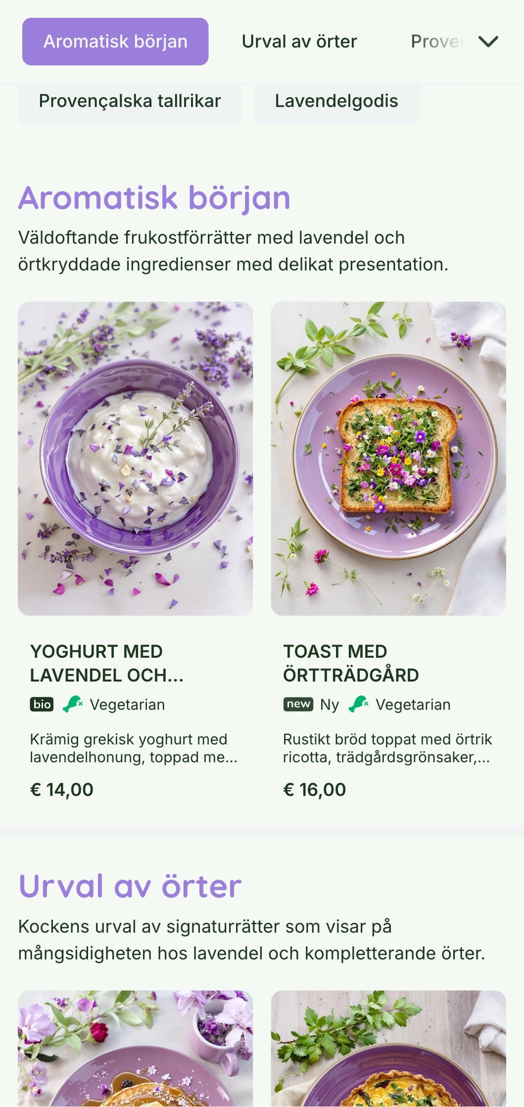 Doftande, lila accentuerad brunchmall inspirerad av Provence, lämplig för örtfokuserade kaféer och trädgårdsmiljöer.