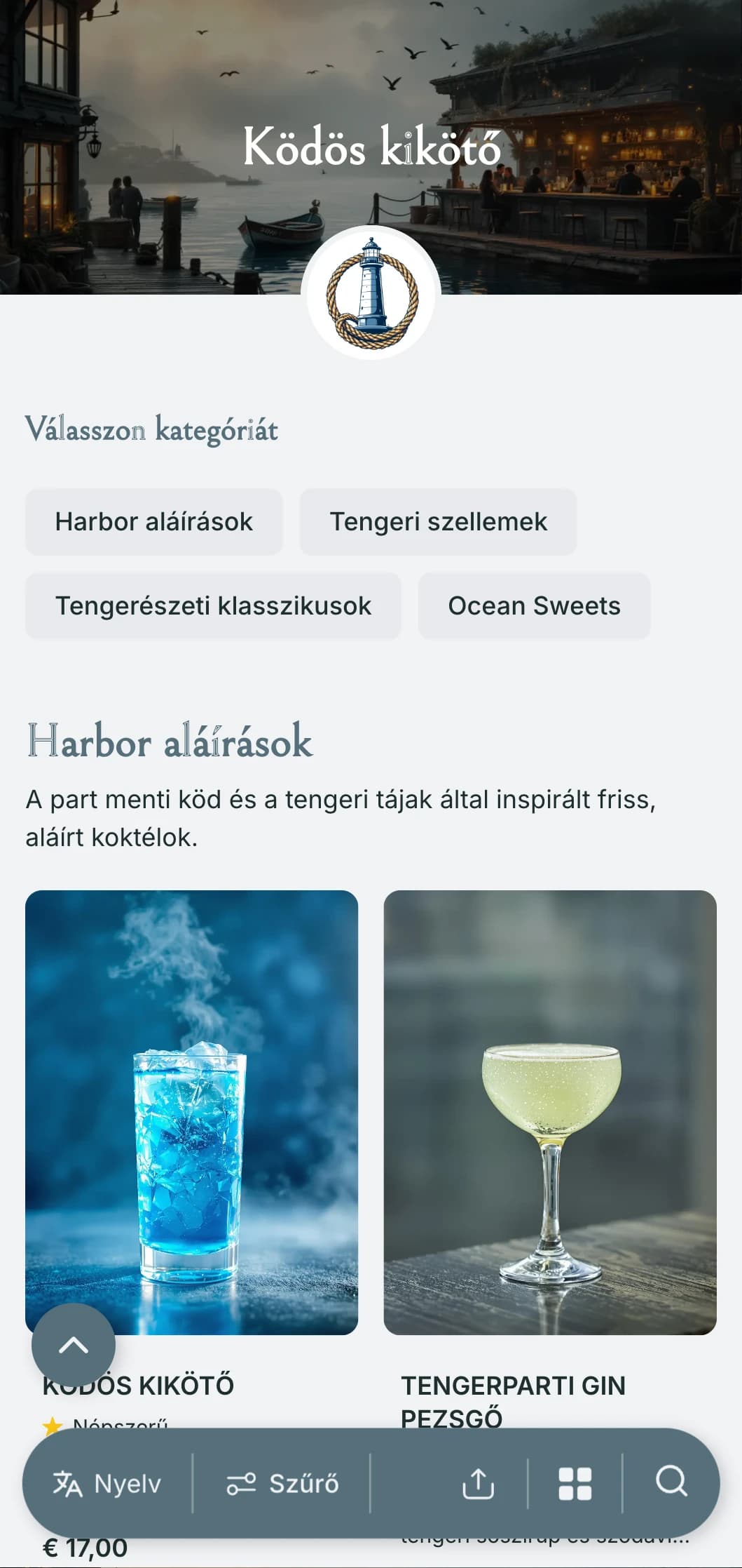 Tengerparti, kikötői ihletésű design tengerparti bárokhoz, ködös kékesszürke tónusokkal és tengeri elemekkel.