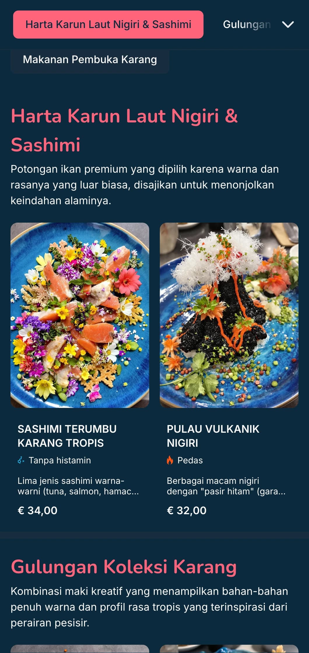 Menu sushi yang terinspirasi dari lautan dengan aksen merah muda karang dengan latar belakang biru tua, cocok untuk Anda yang menyukai hidangan laut.