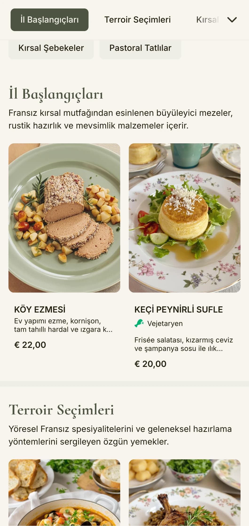 Fransız kırsal estetiğinden ilham alan, adaçayı yeşili tonları ve rustik zarafet içeren büyüleyici bir akşam yemeği menüsü.