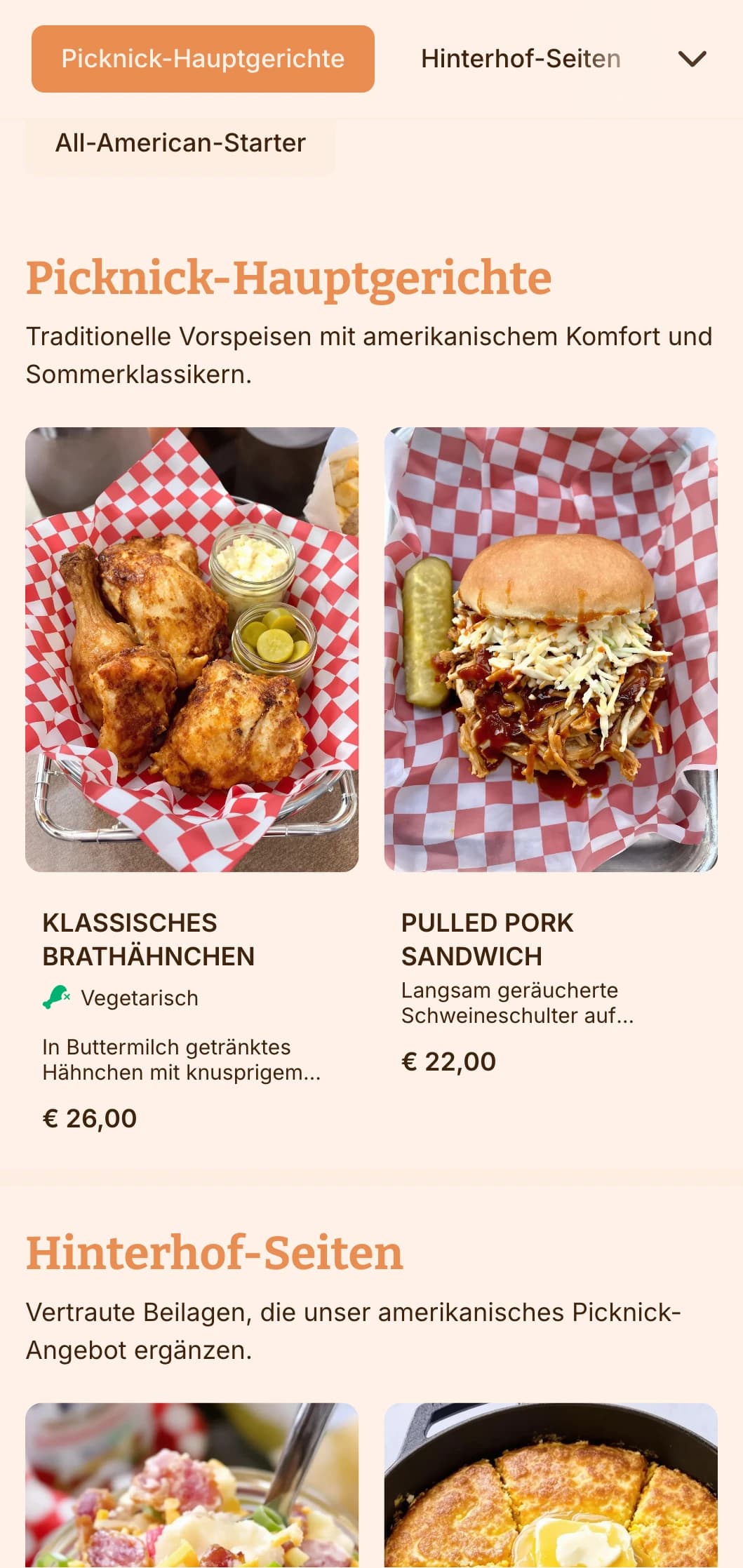 Klassisches, amerikanisch inspiriertes, zwangloses Catering mit Komfort-Favoriten, Service im Freien und entspannter Präsentation für Familienfeiern und Sommerveranstaltungen.