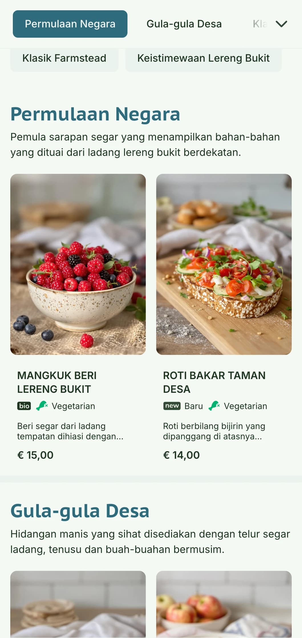 Hidangan sarapan yang berkhasiat menampilkan bahan-bahan desa segar dalam persembahan yang terang dan semula jadi dengan daya tarikan desa.
