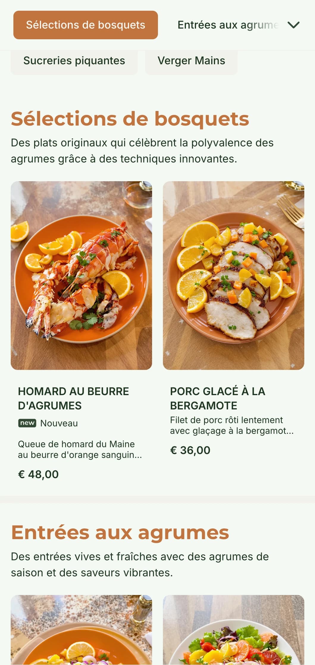 Un menu lumineux et frais pour le dîner, avec des tons d'agrumes et des éléments naturels, parfait pour les restaurants aux influences méditerranéennes.