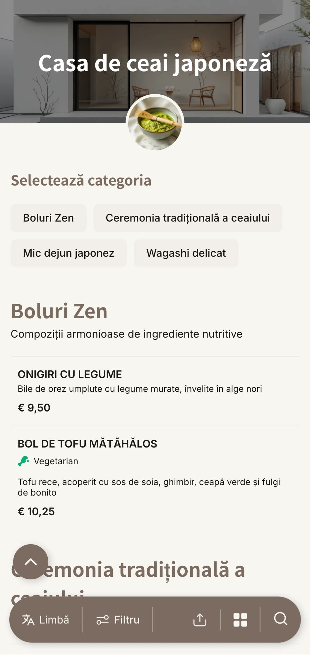 Design minimalist inspirat de estetica japoneză pentru case de ceai și cafenele zen.