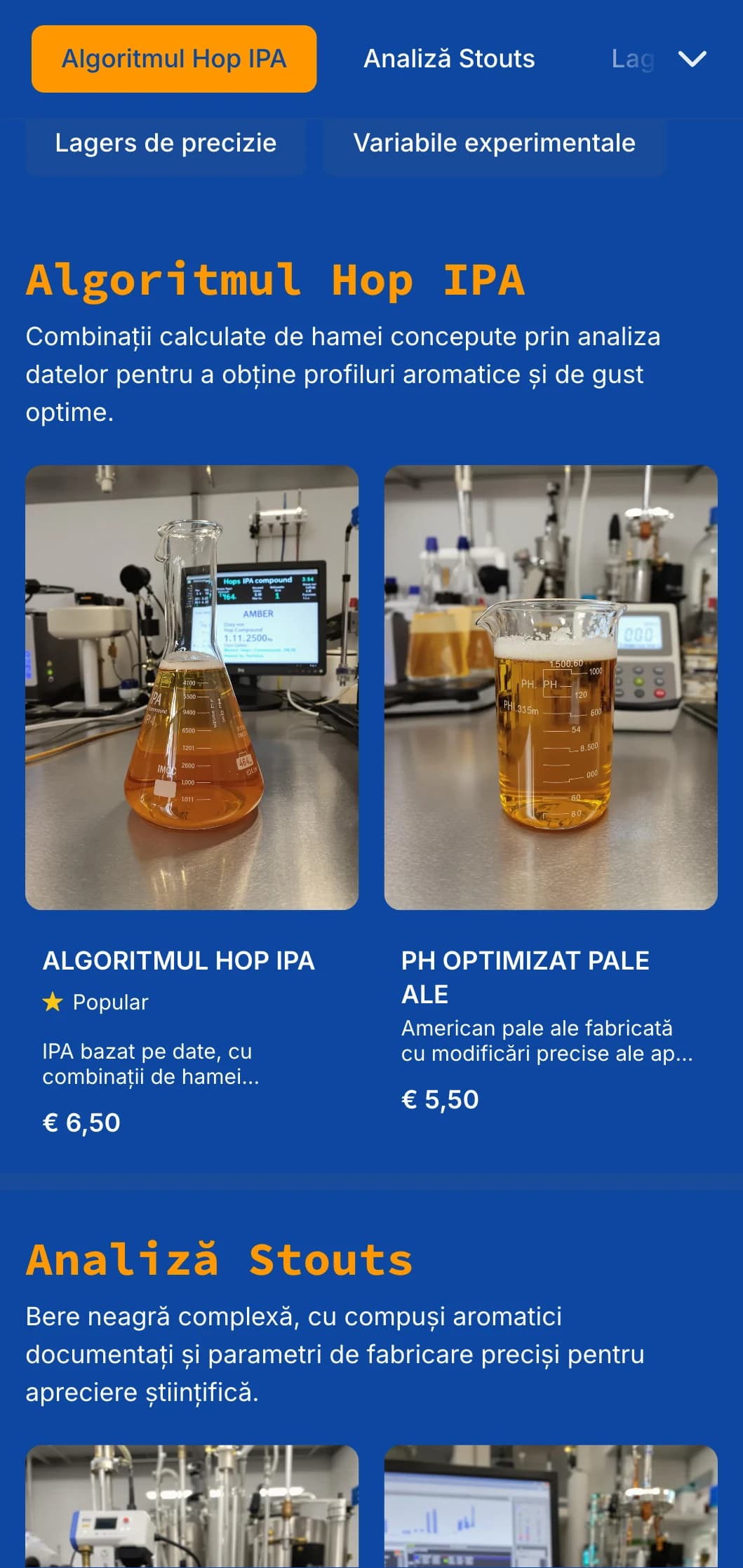 Design tehnic și precis, cu estetică de plan și elemente de vizualizare a datelor, ideal pentru companiile producătoare de bere care evidențiază procesele științifice.