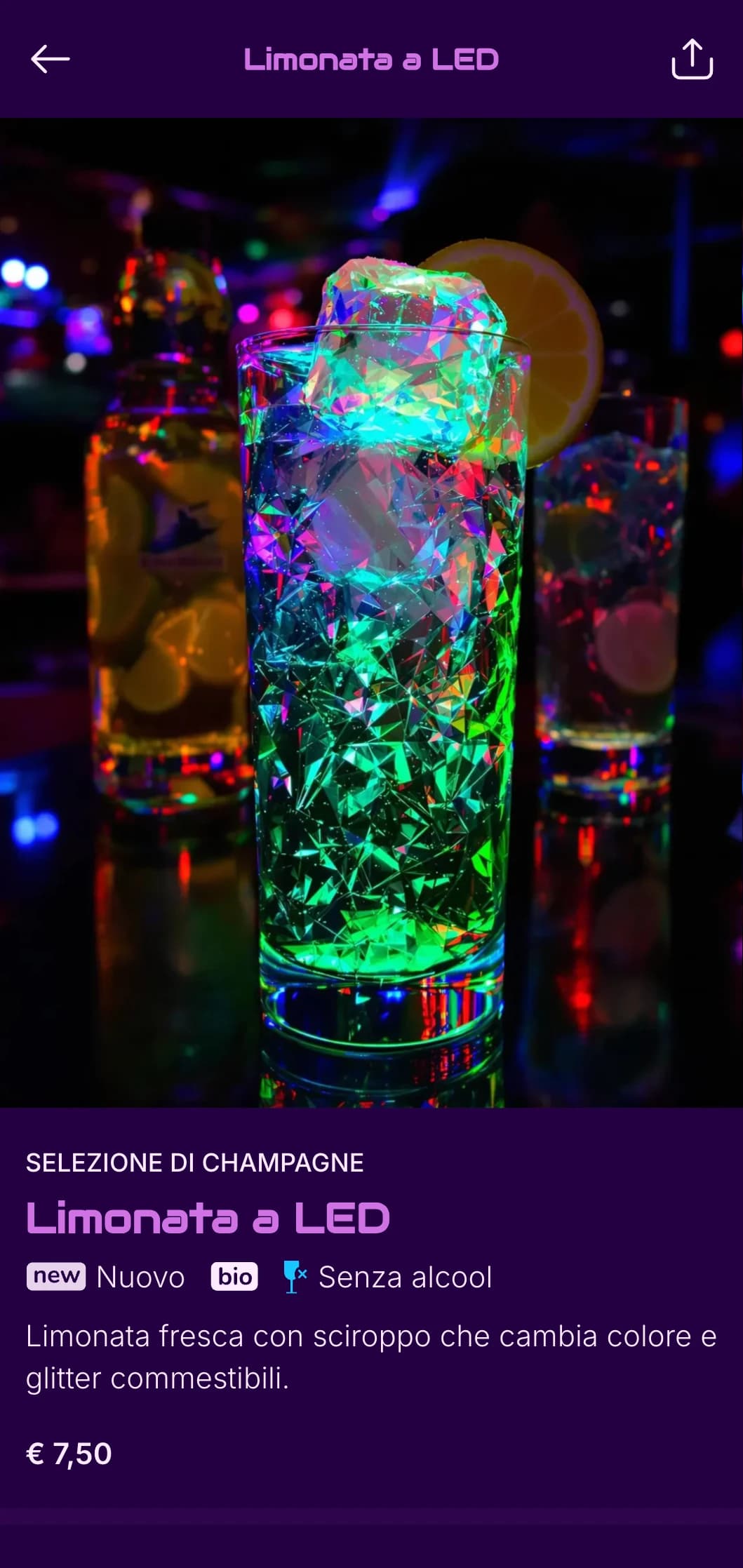 Audace design al neon viola per discoteche e locali da ballo ad alta energia.