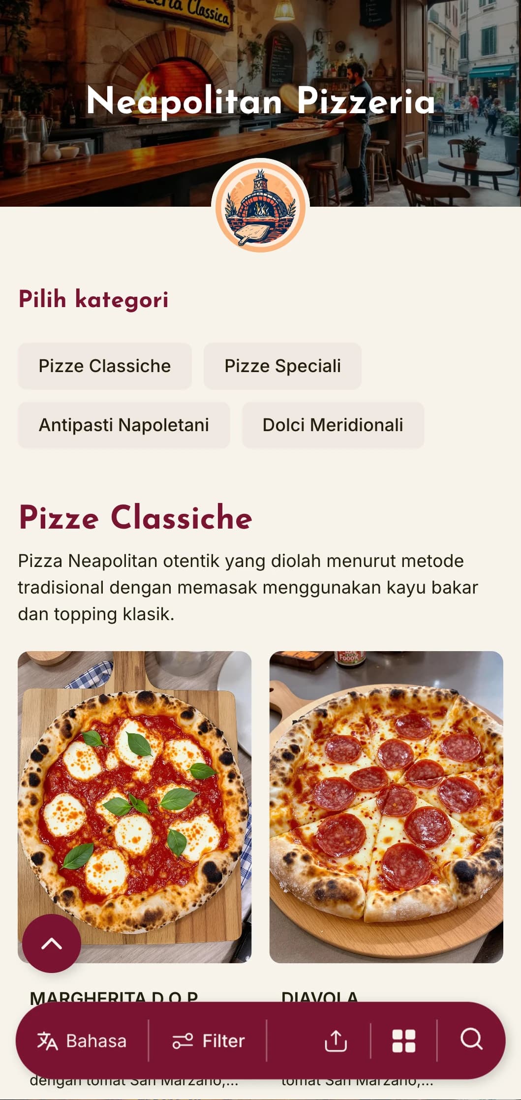 Desain yang semarak dengan warna-warna hangat dan elemen pedesaan yang merayakan tradisi pizza Naples dan bakat Italia Selatan.