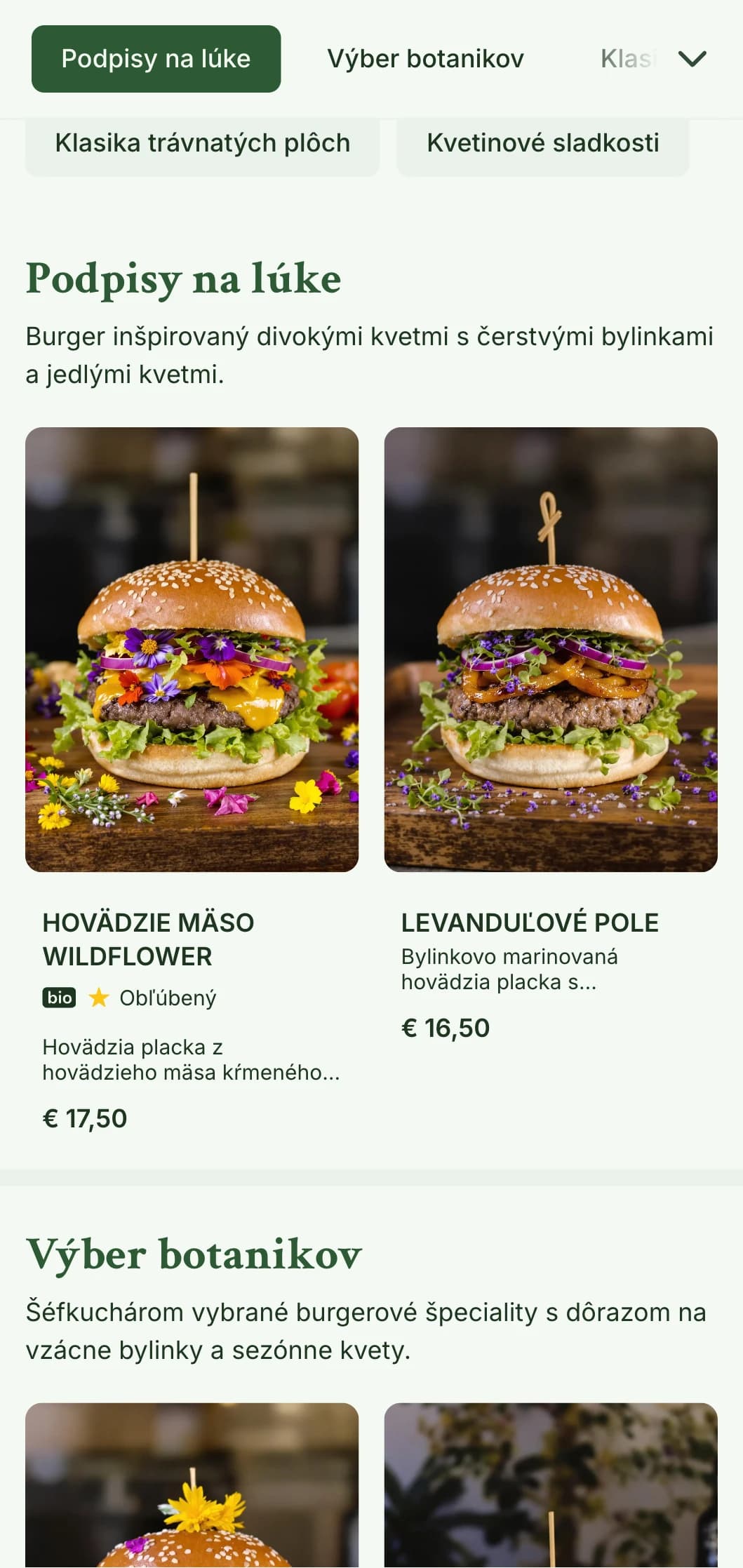 Koncept hamburgeru inšpirovaný divokými kvetmi a trávnatými plochami s prirodzenou, vzdušnou estetikou.