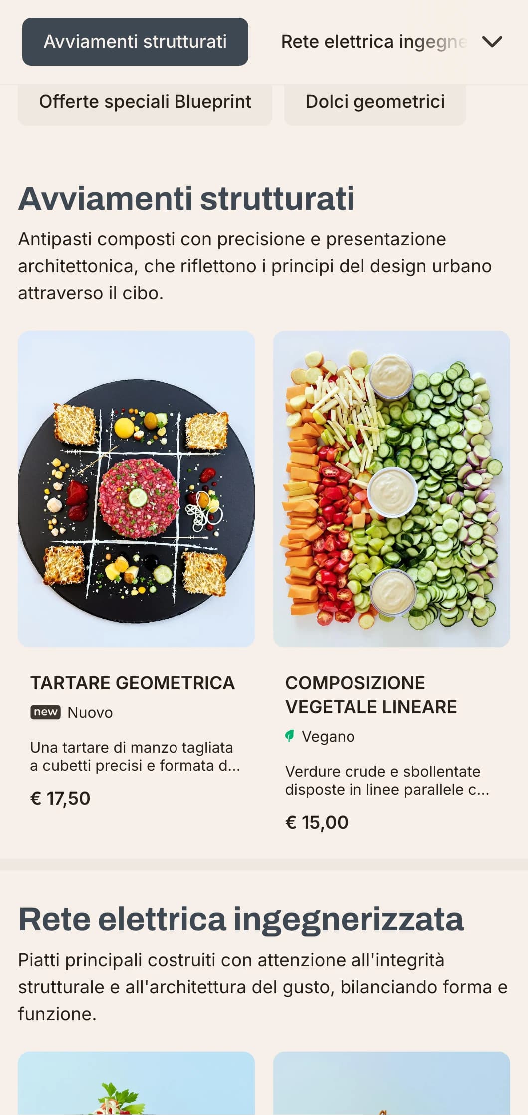 Design audace e architettonico per il menu del pranzo, con linee decise ed elementi urbani, ideale per ristoranti contemporanei in quartieri commerciali e sviluppi moderni.