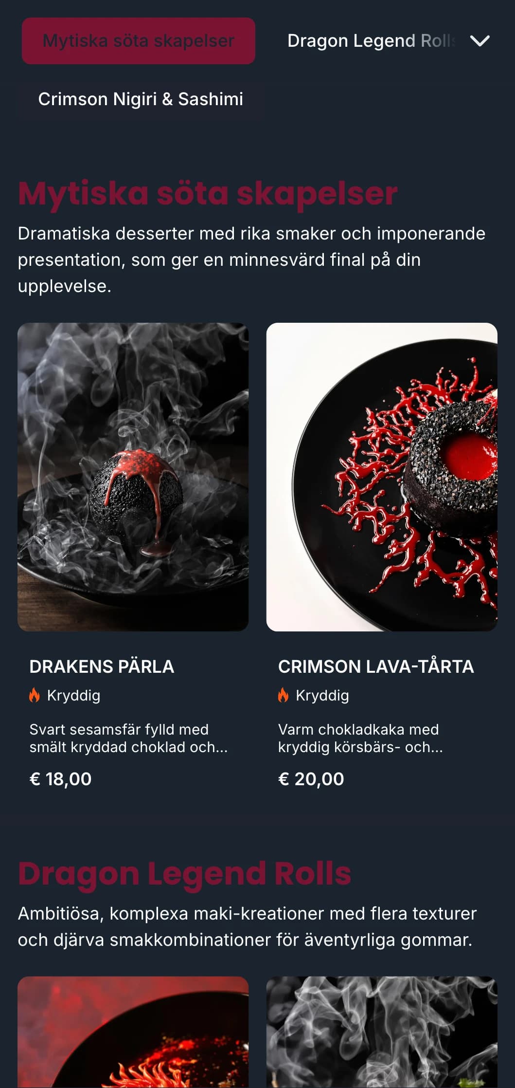 Djärv, dramatisk sushimeny med rika röda toner inspirerad av traditionell japansk drakmytologi.